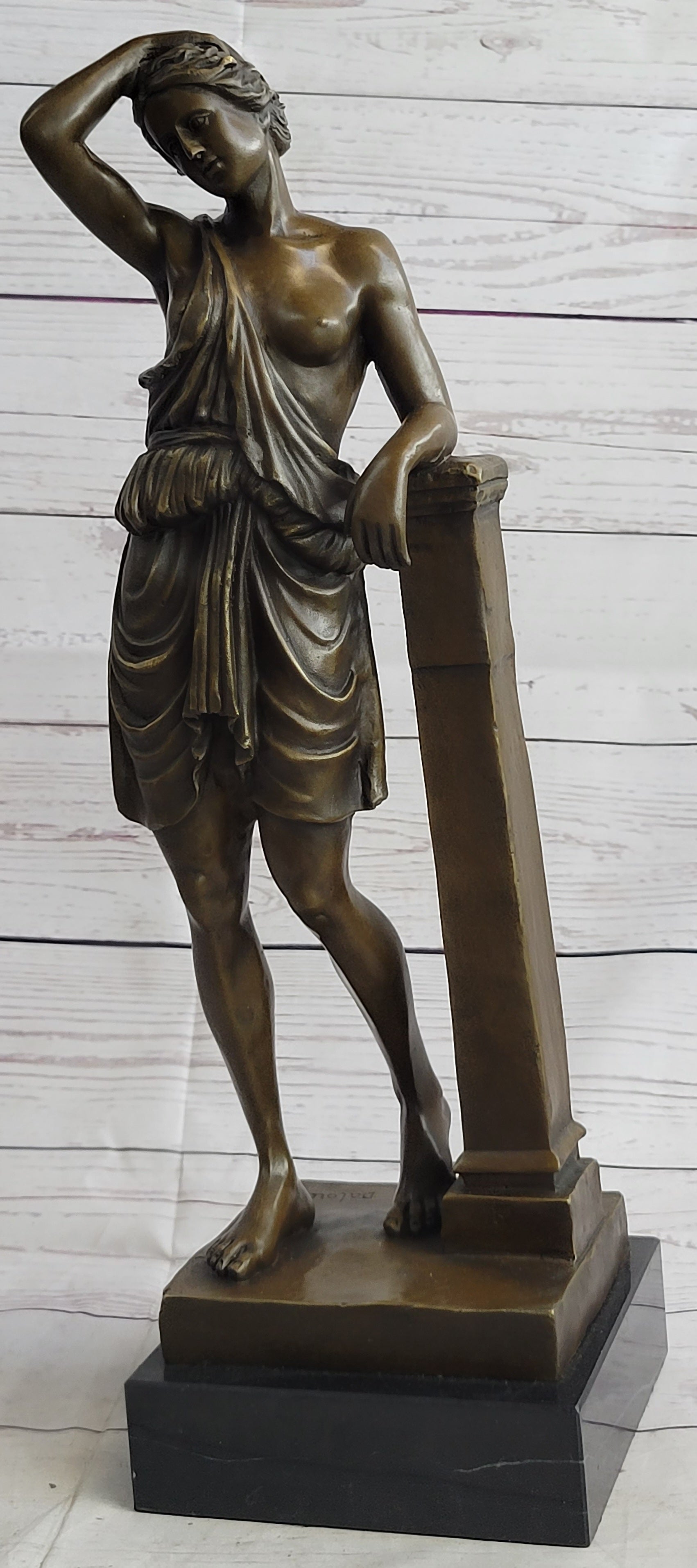 Semi Nude Female Greek Roman Goddess Woman Leaning on Pillar Bronze Statue Sculpture 18" x 7.5"