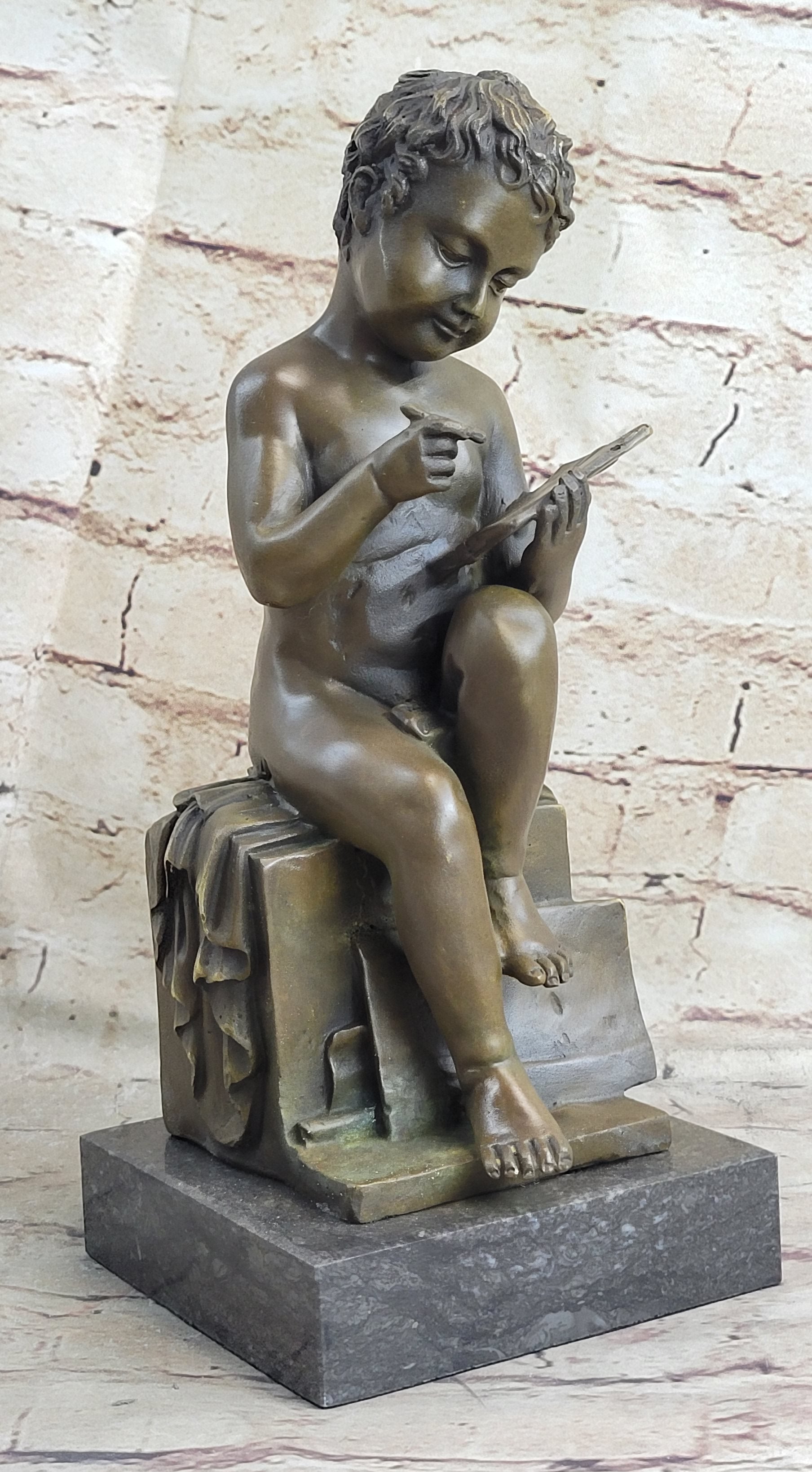 Classical Nude Boy Writing in Book Bronze Statue Sculpture Figure Art Taylor 11" x 5"