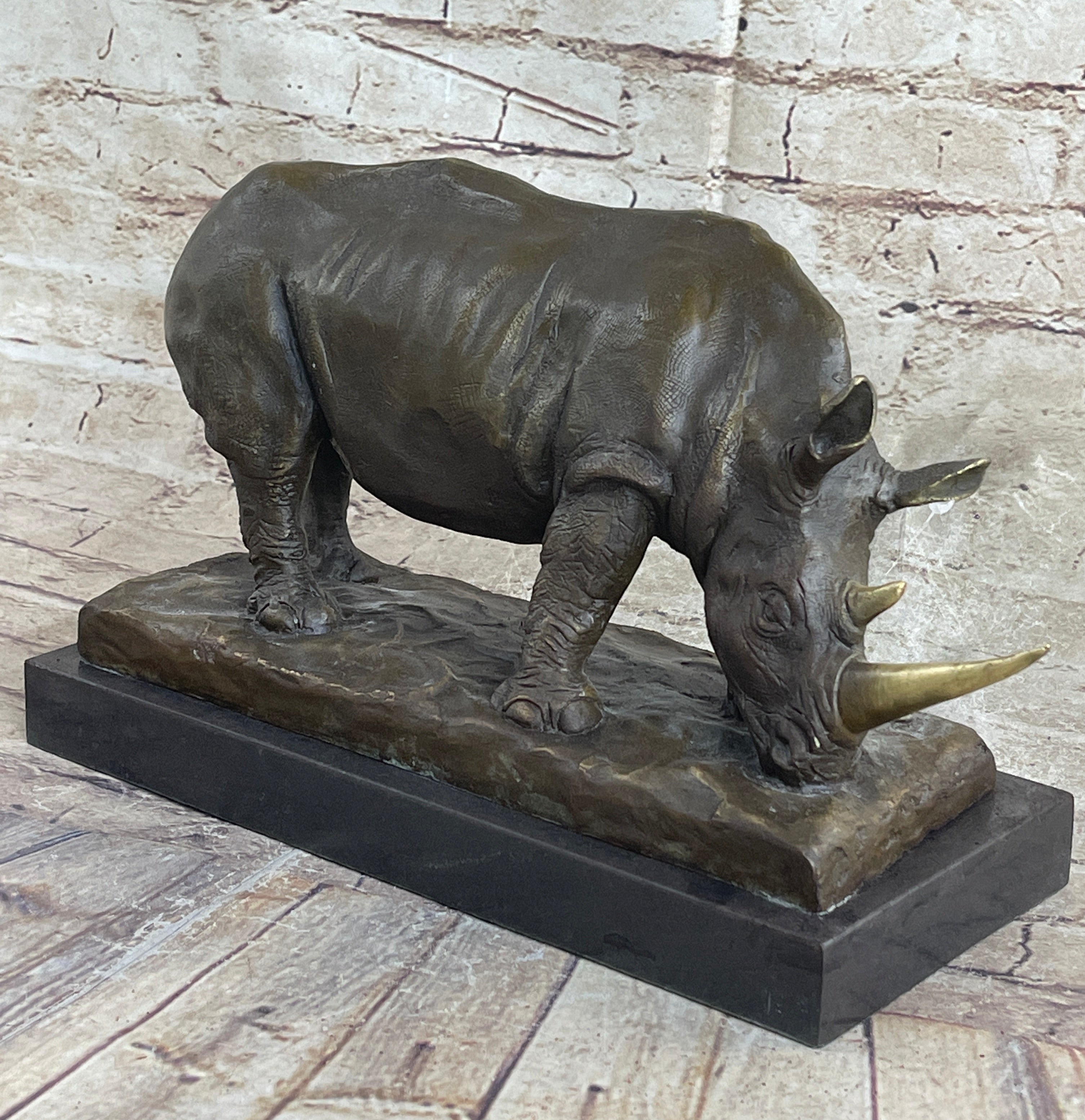 Bronze Rhinoceros Sculpture Marble Base Barye Art 9" x 14"