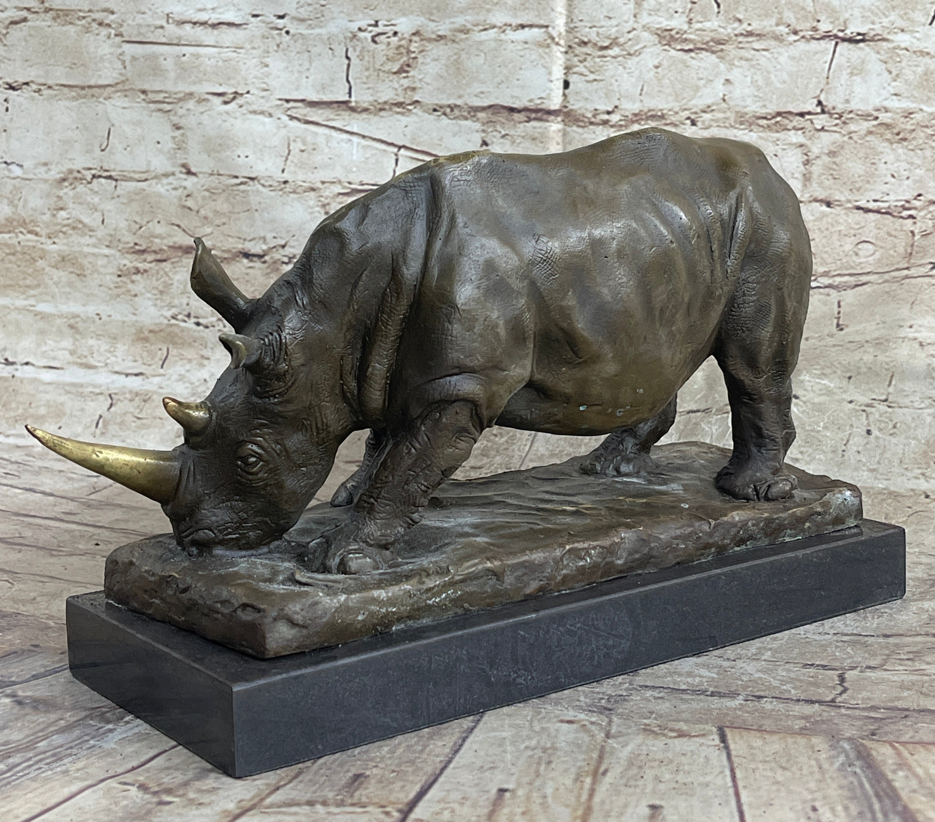 Bronze Rhinoceros Sculpture Marble Base Barye Art 9" x 14"