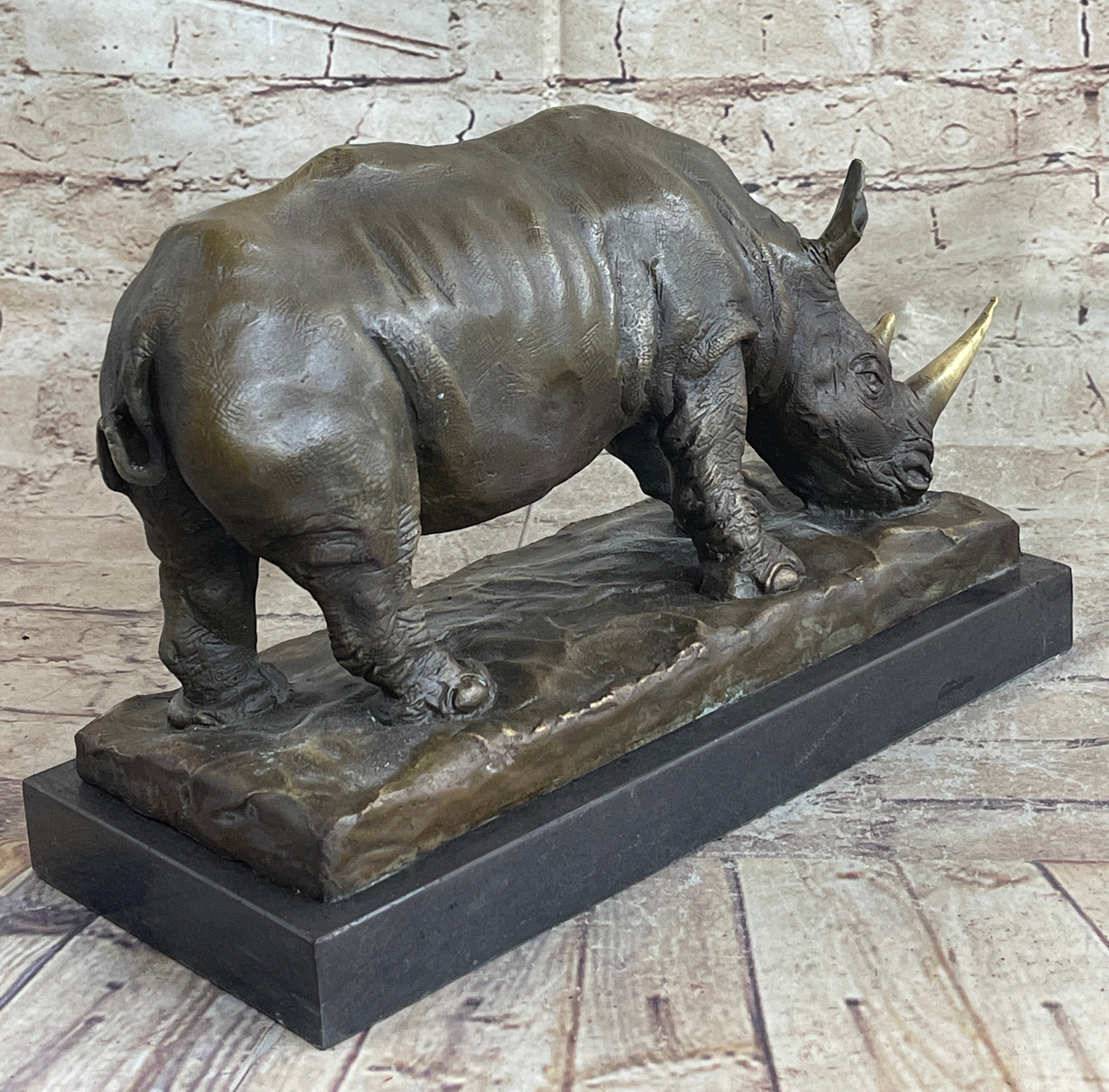 Bronze Rhinoceros Sculpture Marble Base Barye Art 9" x 14"