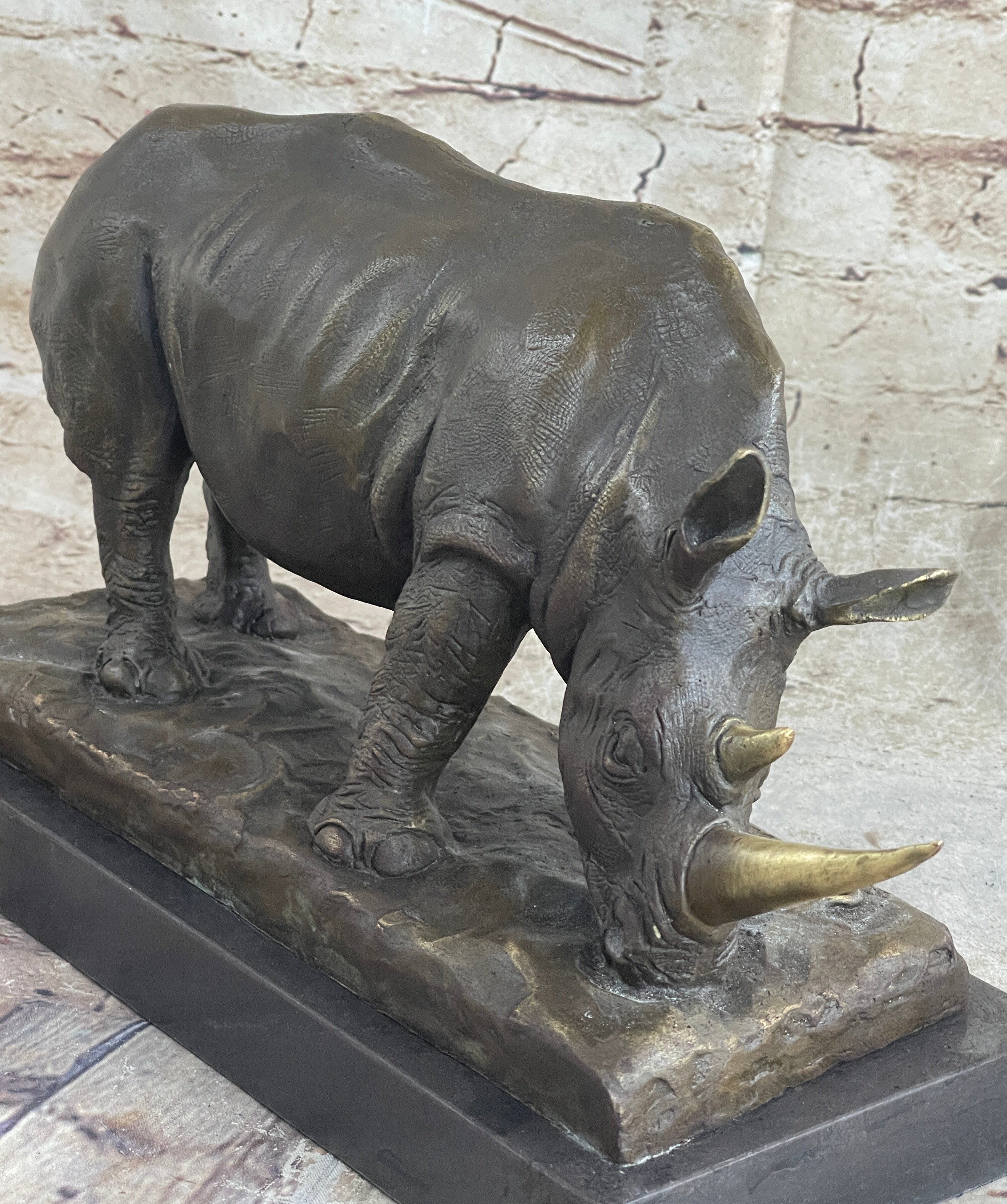 Bronze Rhinoceros Sculpture Marble Base Barye Art 9" x 14"