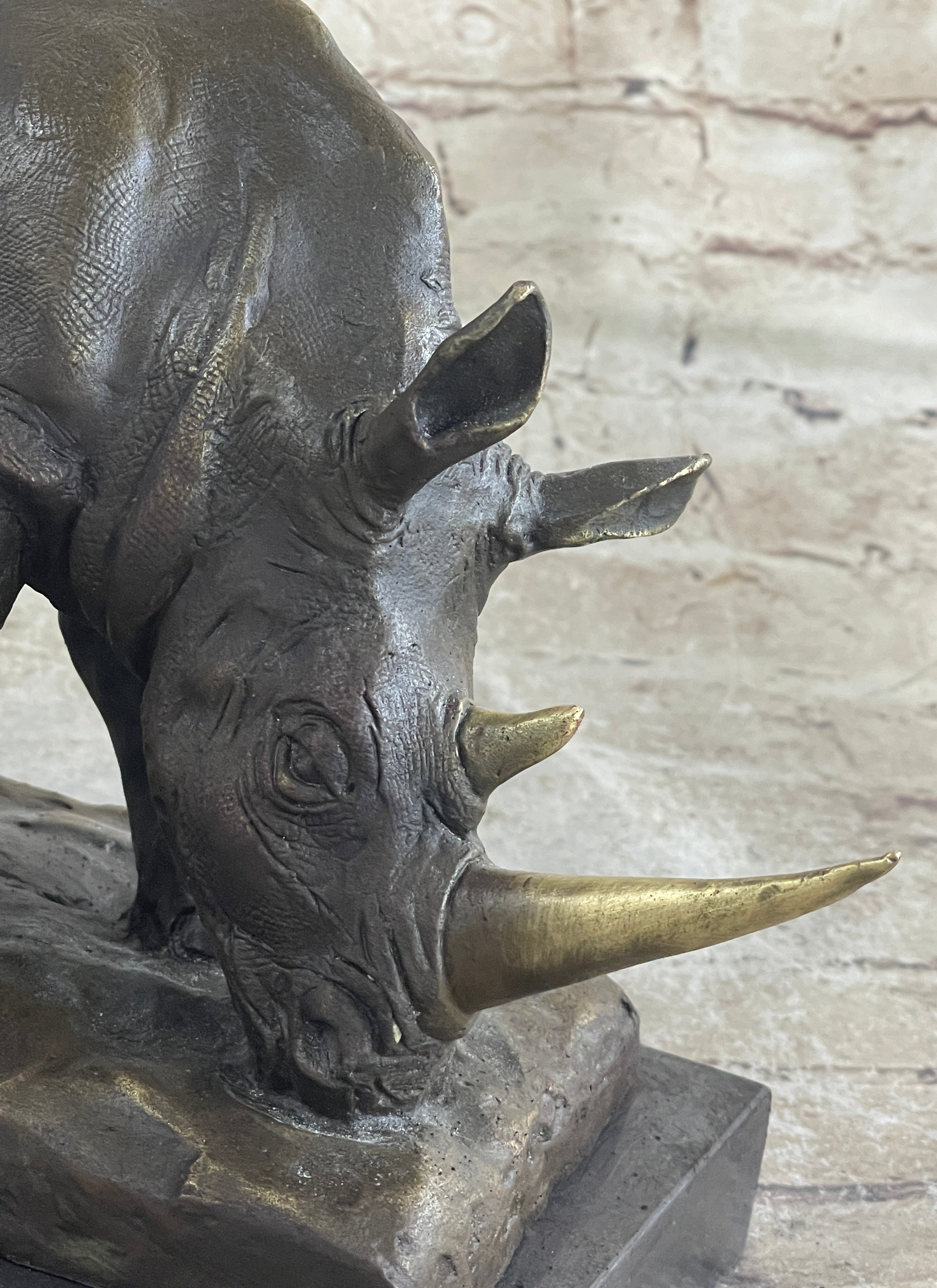 Bronze Rhinoceros Sculpture Marble Base Barye Art 9" x 14"