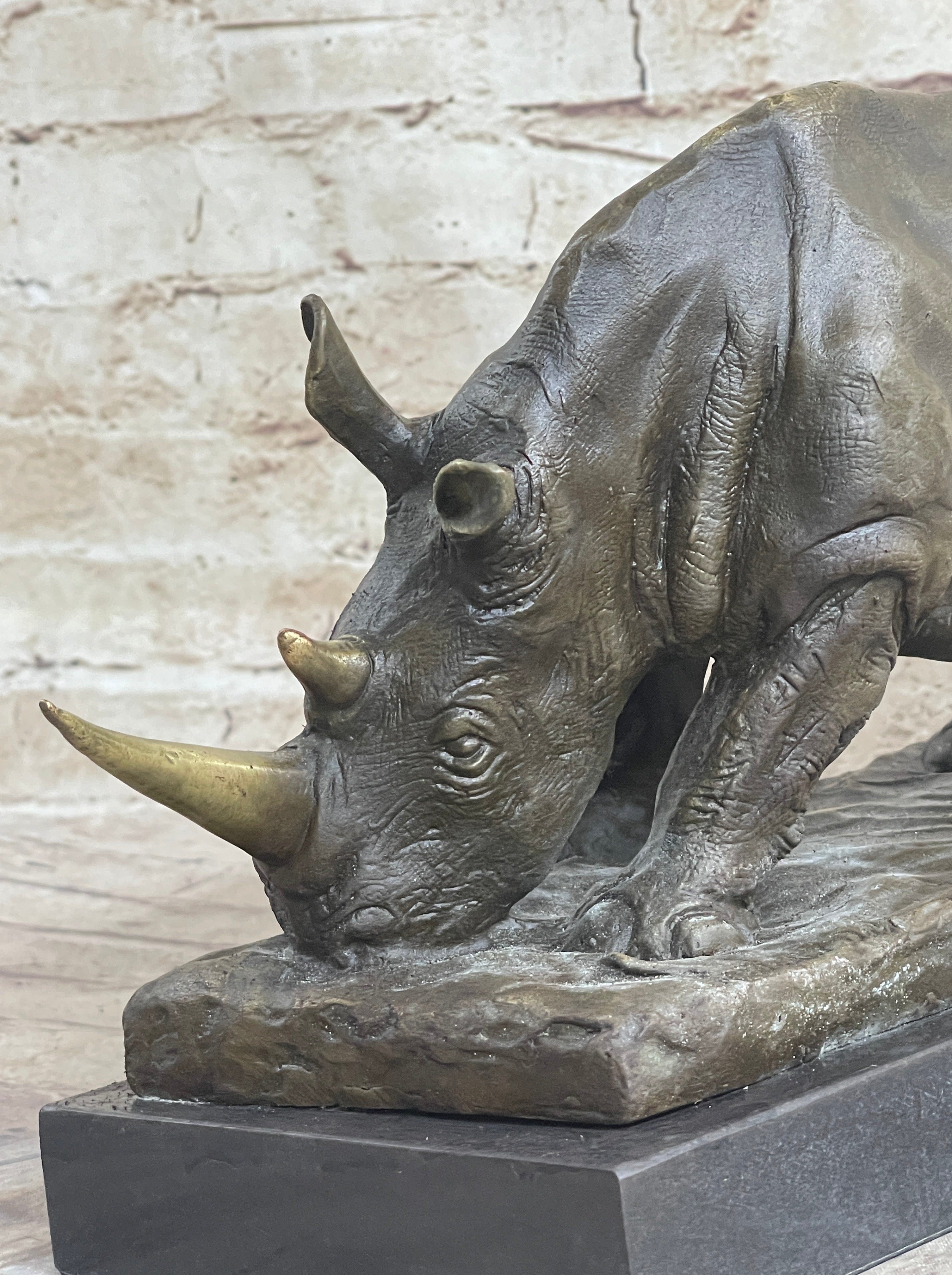 Bronze Rhinoceros Sculpture Marble Base Barye Art 9" x 14"