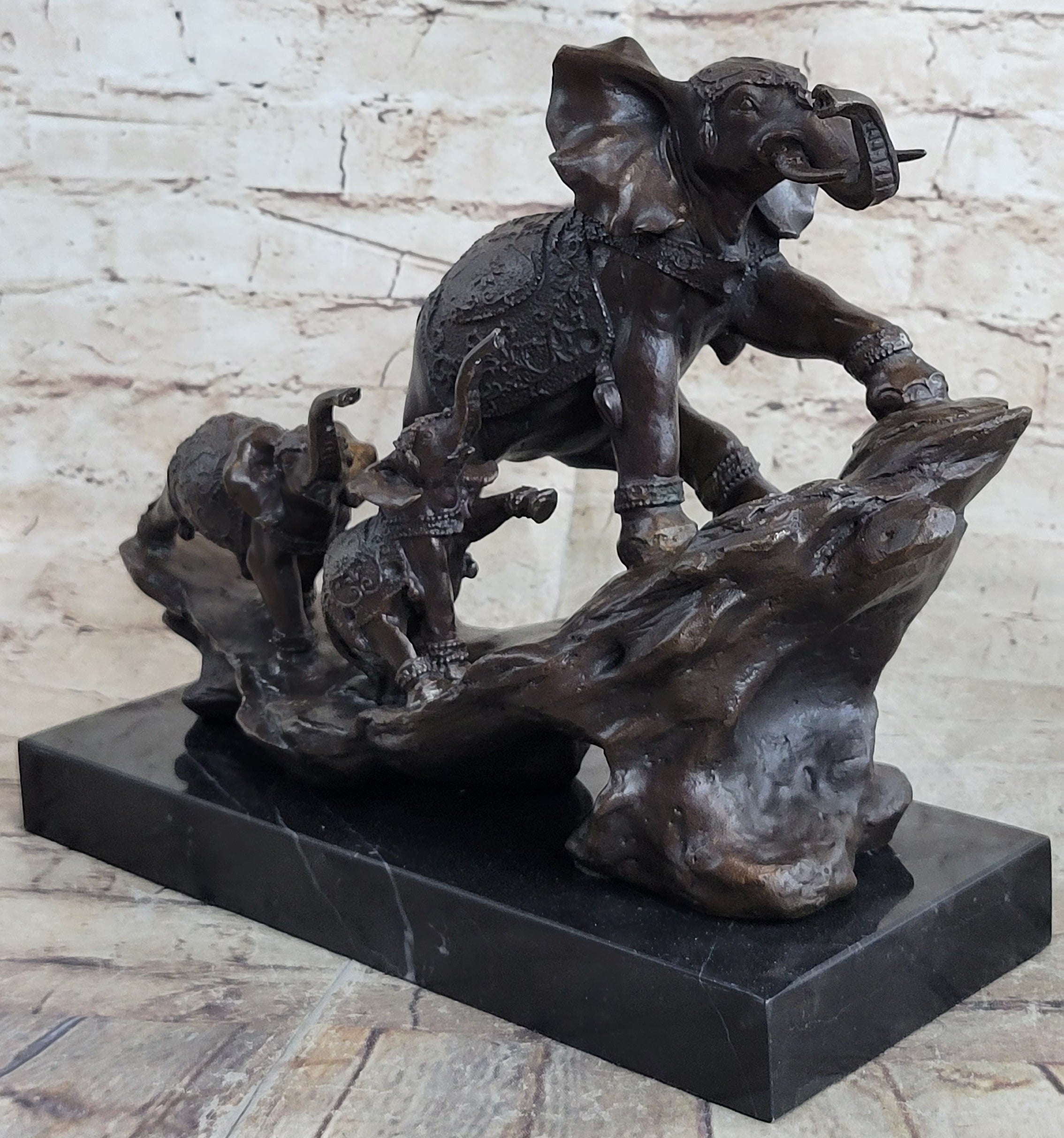 Signed Bologna Indian Mother Elephant & Calves Bronze Art