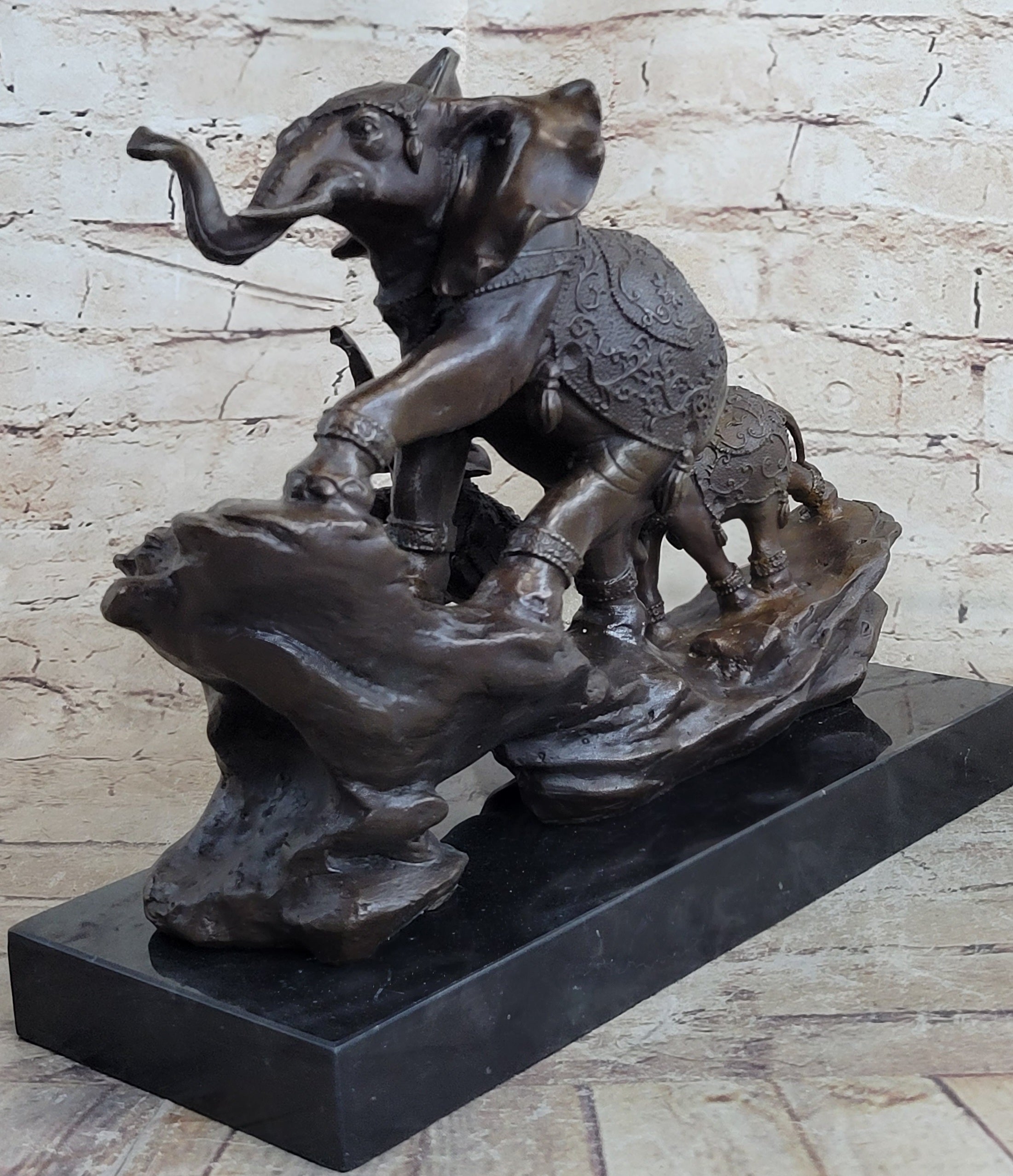 Signed Bologna Indian Mother Elephant & Calves Bronze Art