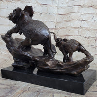 Signed Bologna Indian Mother Elephant & Calves Bronze Art