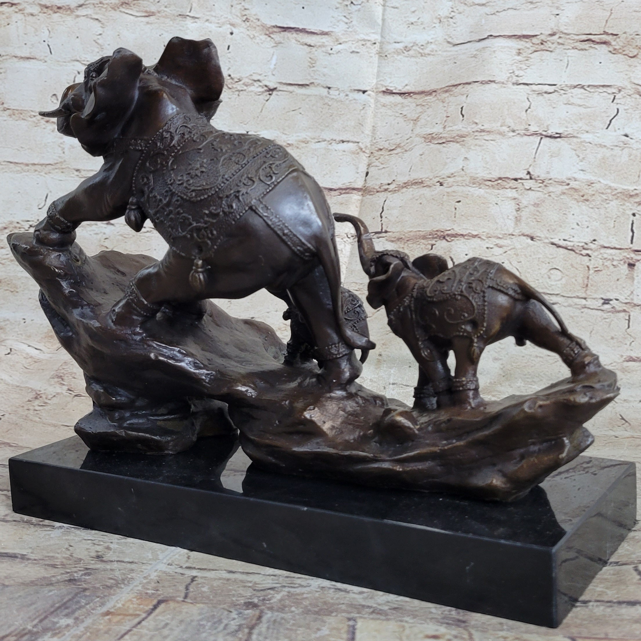 Signed Bologna Indian Mother Elephant & Calves Bronze Art