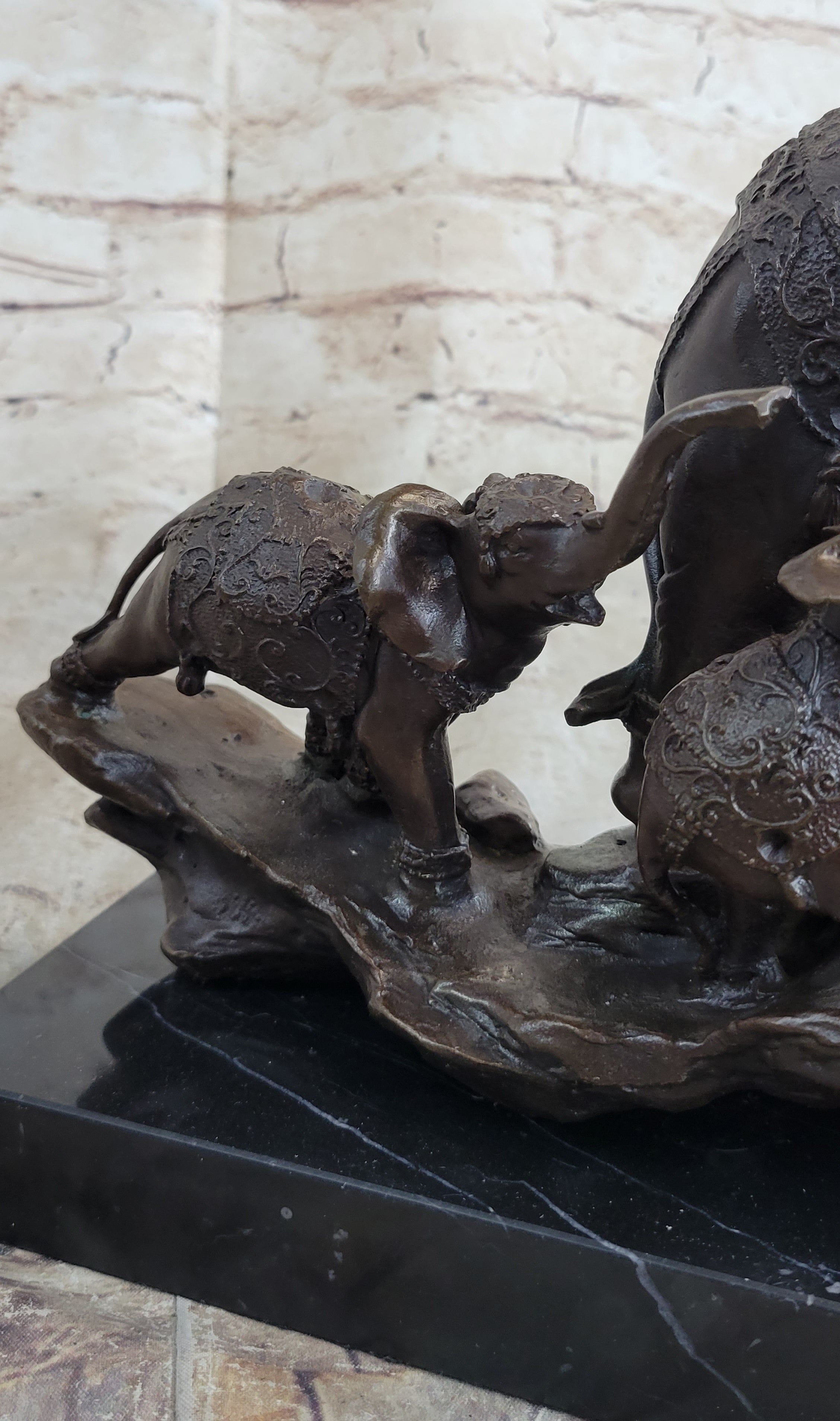 Signed Bologna Indian Mother Elephant & Calves Bronze Art