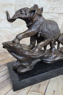 Signed Bologna Indian Mother Elephant & Calves Bronze Art