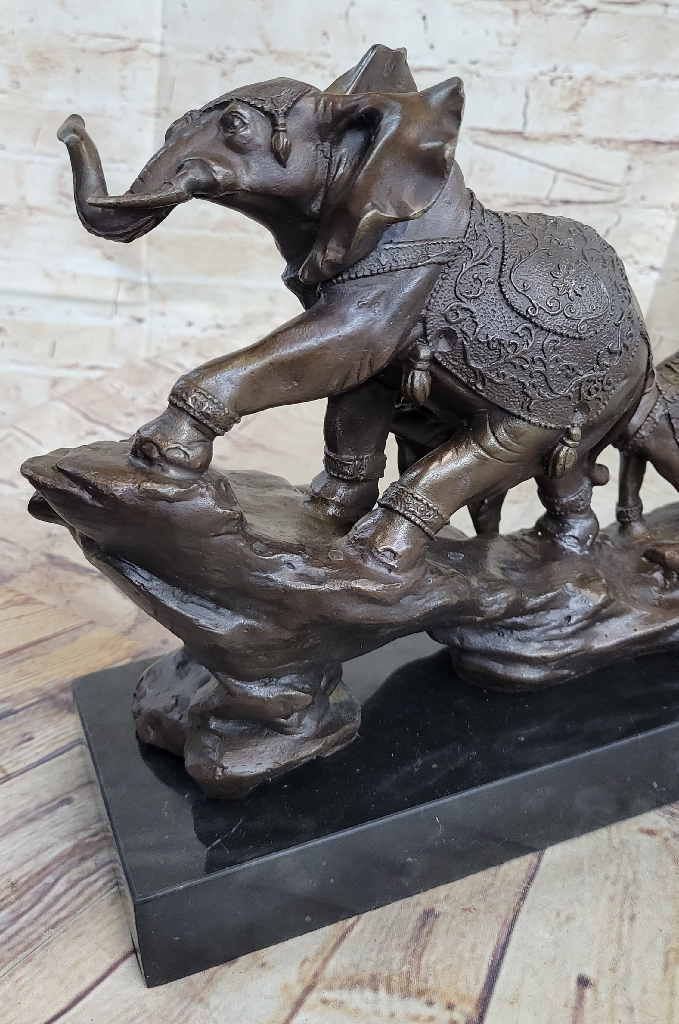 Signed Bologna Indian Mother Elephant & Calves Bronze Art