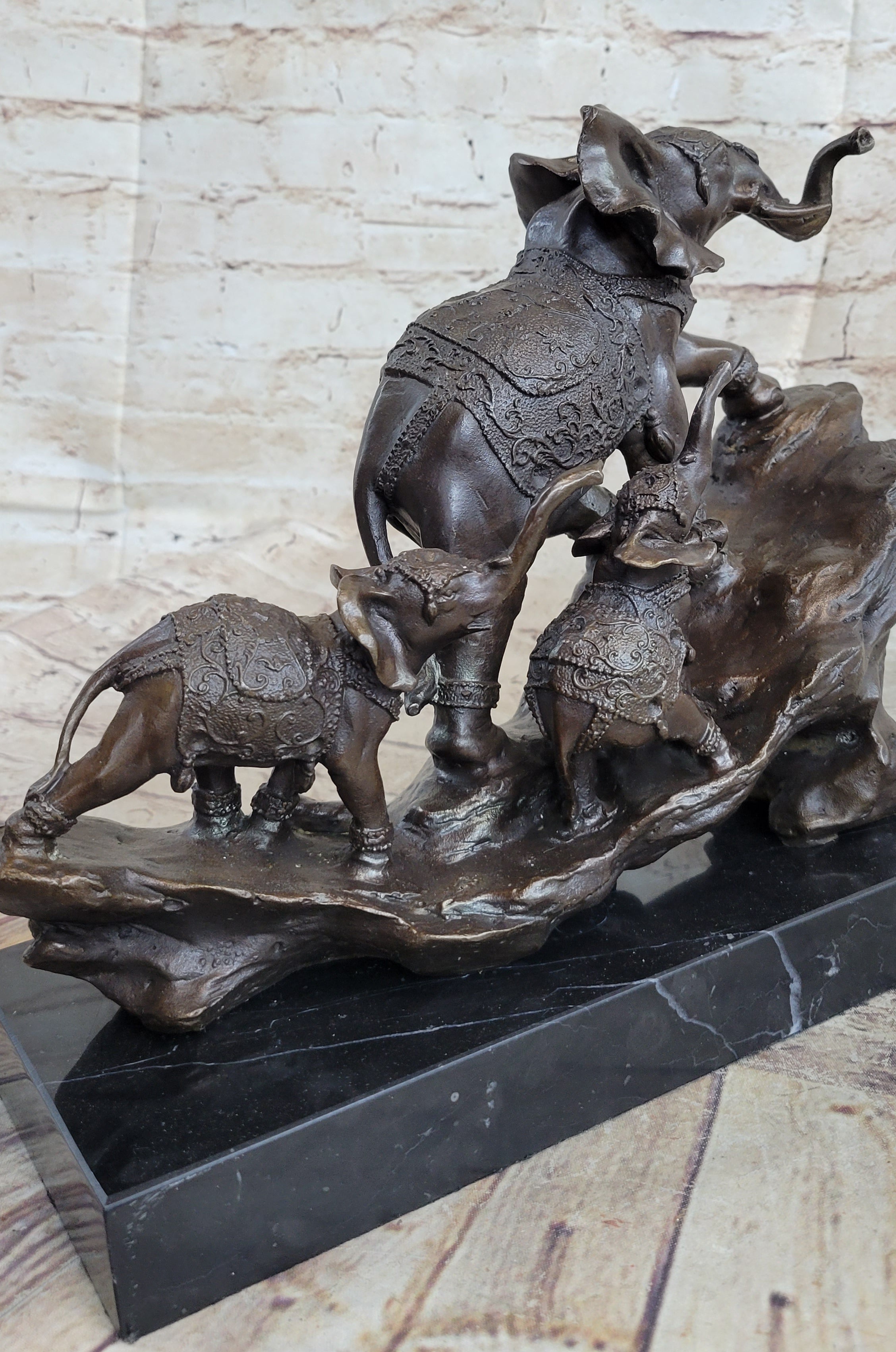 Signed Bologna Indian Mother Elephant & Calves Bronze Art