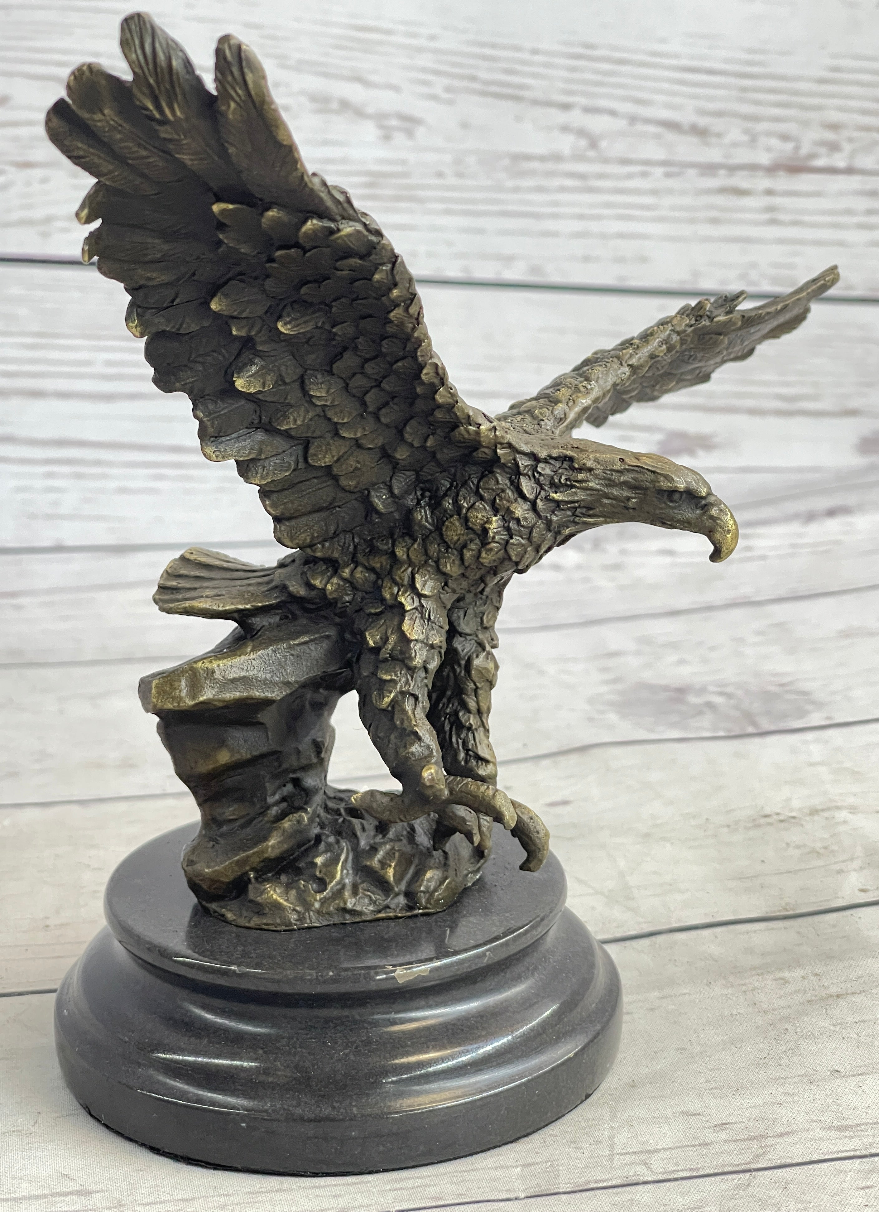 Landing Eagle Bronze Sculpture Signed Marble Base 7" x 9"