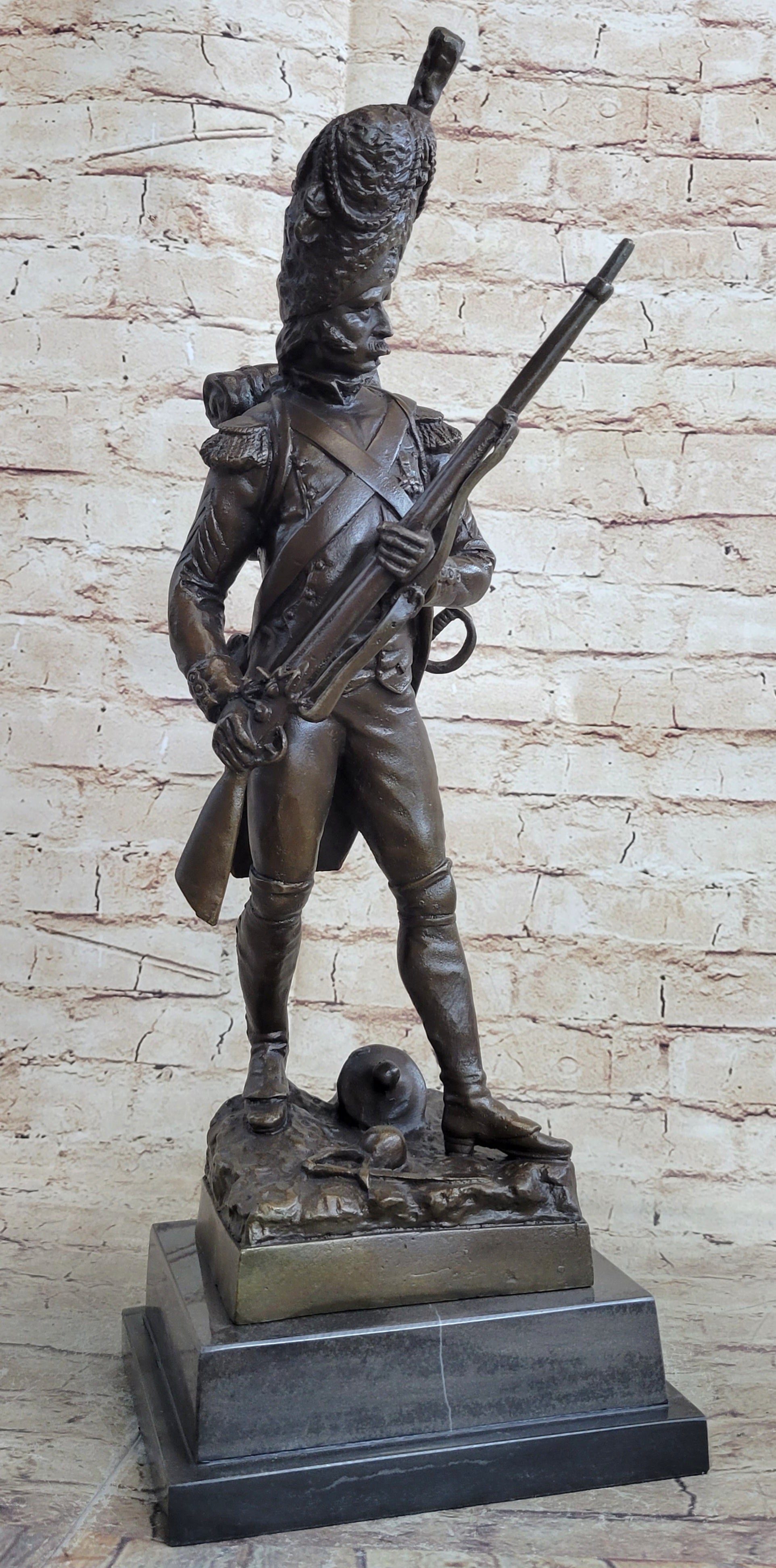 19th Century European Soldier w/ Rifle in Bearskin Hat Bronze