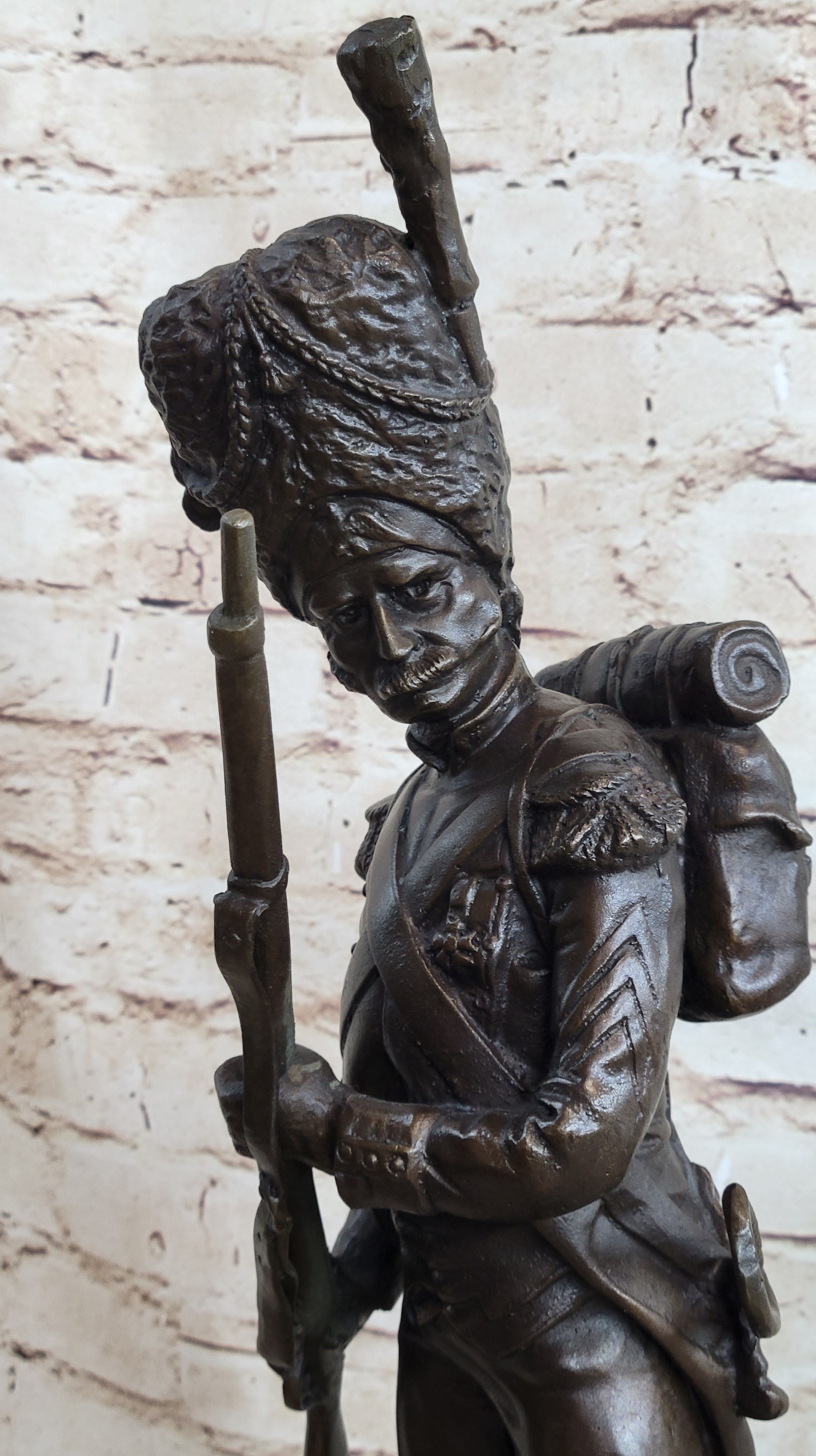 19th Century European Soldier w/ Rifle in Bearskin Hat Bronze