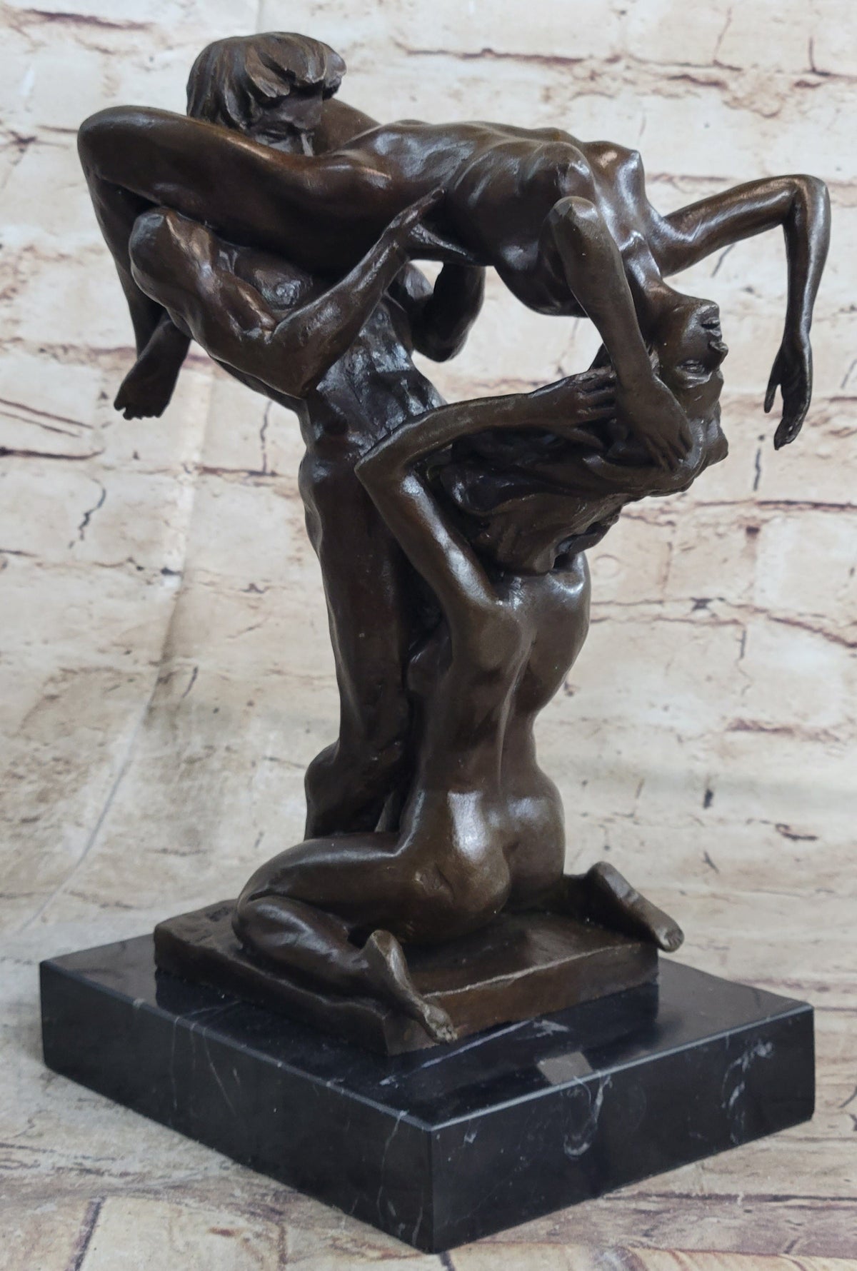 FFM Threesome Erotic Sexual Nude Bronze Statue Sculpture Modern Art Marble Base 11" x 6"