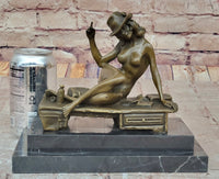Sexy Nude Girl in Hat Sitting on Desk Art Deco Erotic Bronze Sculpture Statue Marble Base 8" x 9"