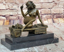 Sexy Nude Girl in Hat Sitting on Desk Art Deco Erotic Bronze Sculpture Statue Marble Base 8" x 9"