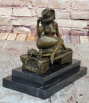 Sexy Nude Girl in Hat Sitting on Desk Art Deco Erotic Bronze Sculpture Statue Marble Base 8" x 9"