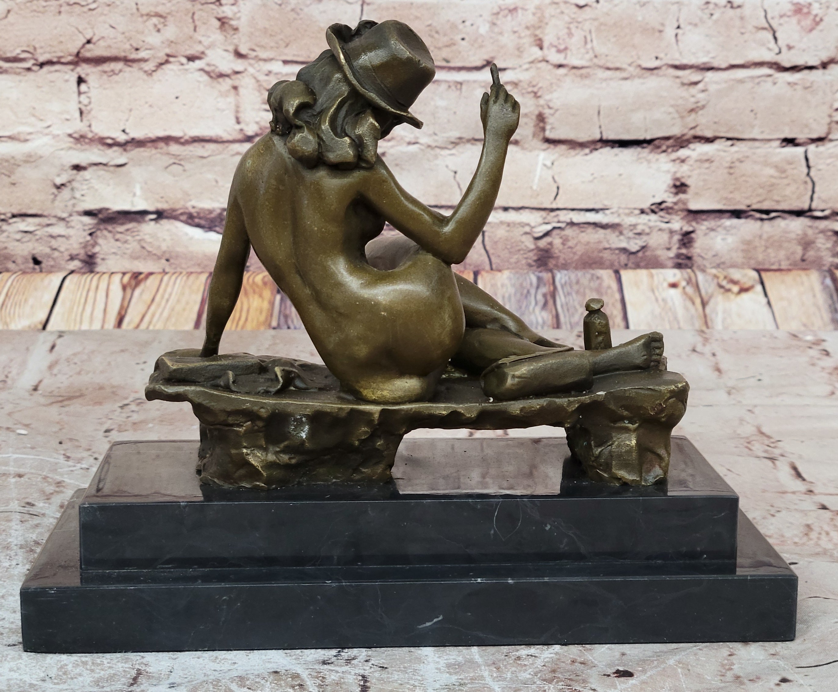 Sexy Nude Girl in Hat Sitting on Desk Art Deco Erotic Bronze Sculpture Statue Marble Base 8" x 9"