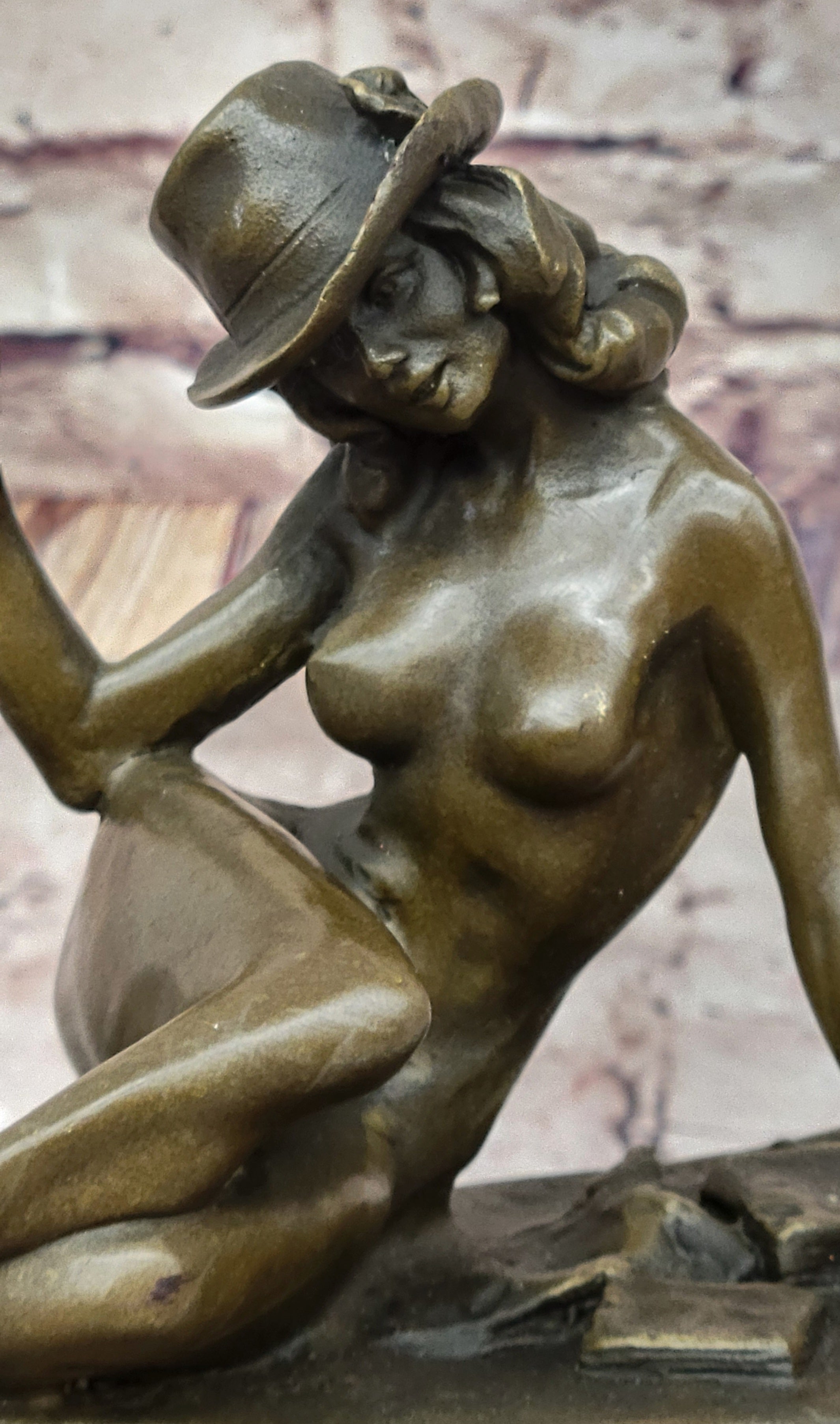 Sexy Nude Girl in Hat Sitting on Desk Art Deco Erotic Bronze Sculpture Statue Marble Base 8" x 9"