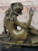 Sexy Nude Girl in Hat Sitting on Desk Art Deco Erotic Bronze Sculpture Statue Marble Base 8" x 9"