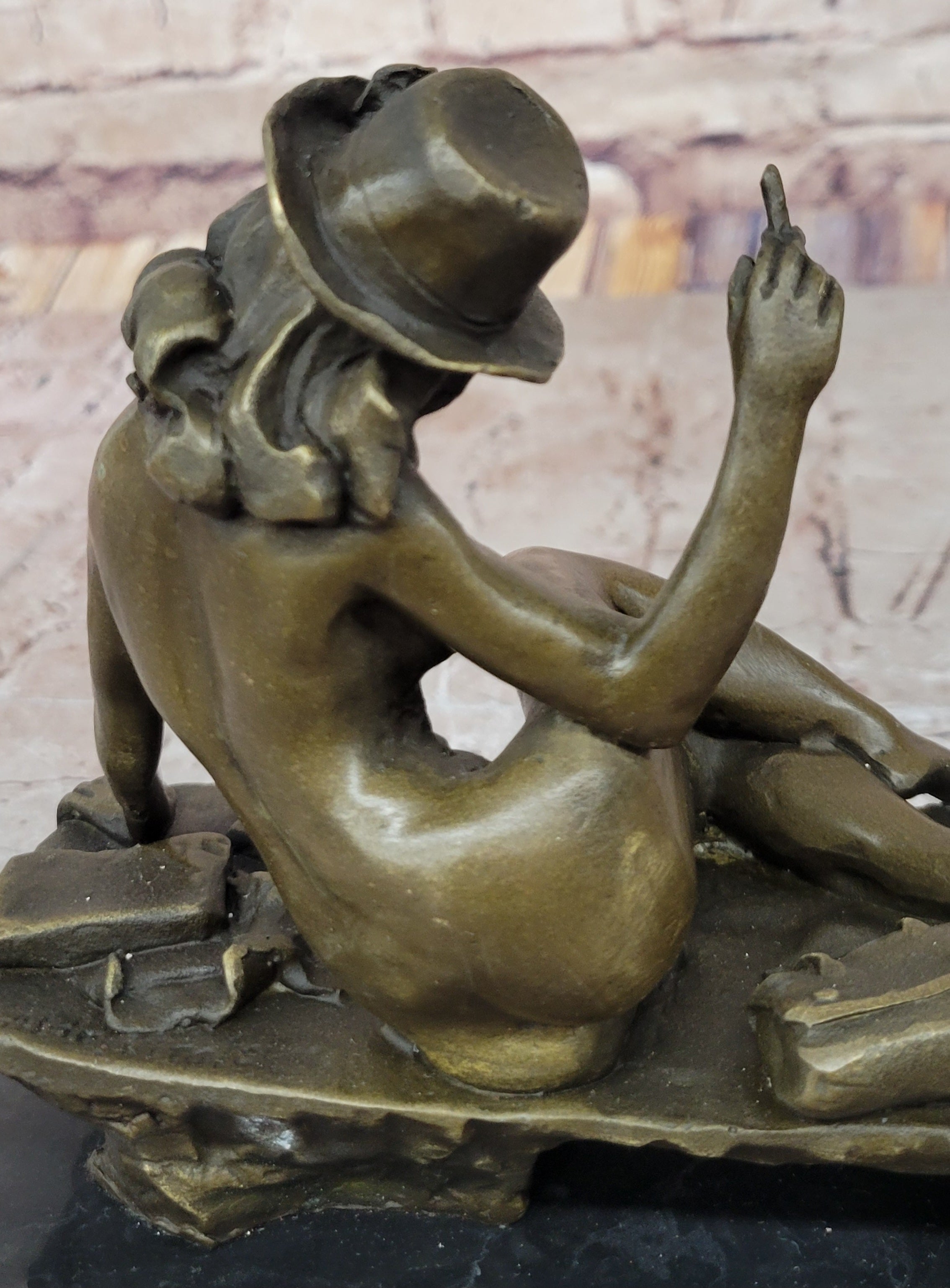 Sexy Nude Girl in Hat Sitting on Desk Art Deco Erotic Bronze Sculpture Statue Marble Base 8" x 9"