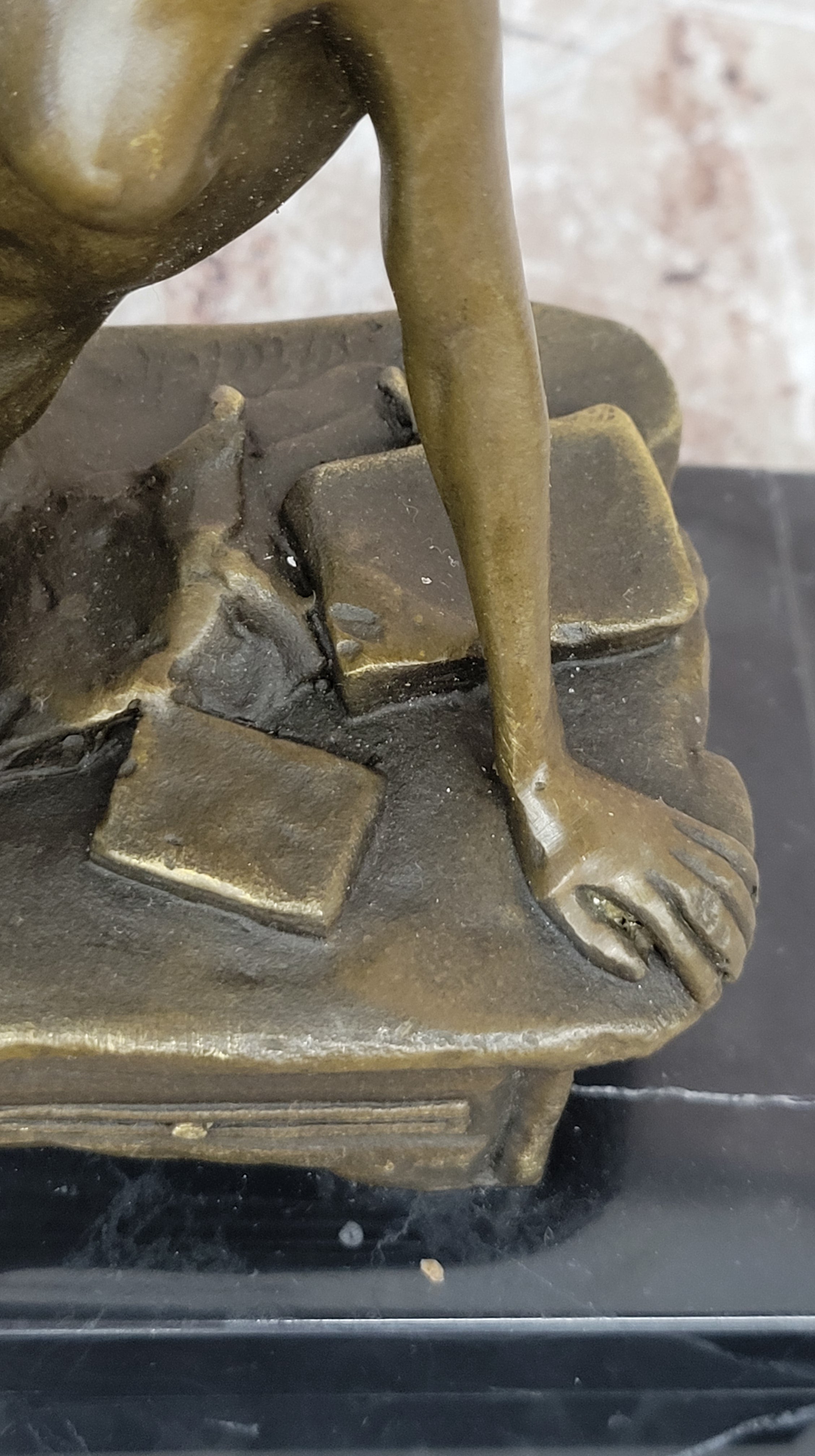 Sexy Nude Girl in Hat Sitting on Desk Art Deco Erotic Bronze Sculpture Statue Marble Base 8" x 9"