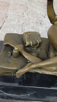 Sexy Nude Girl in Hat Sitting on Desk Art Deco Erotic Bronze Sculpture Statue Marble Base 8" x 9"