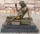 Sexy Nude Girl in Hat Sitting on Desk Art Deco Erotic Bronze Sculpture Statue Marble Base 8" x 9"