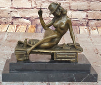 Sexy Nude Girl in Hat Sitting on Desk Art Deco Erotic Bronze Sculpture Statue Marble Base 8" x 9"