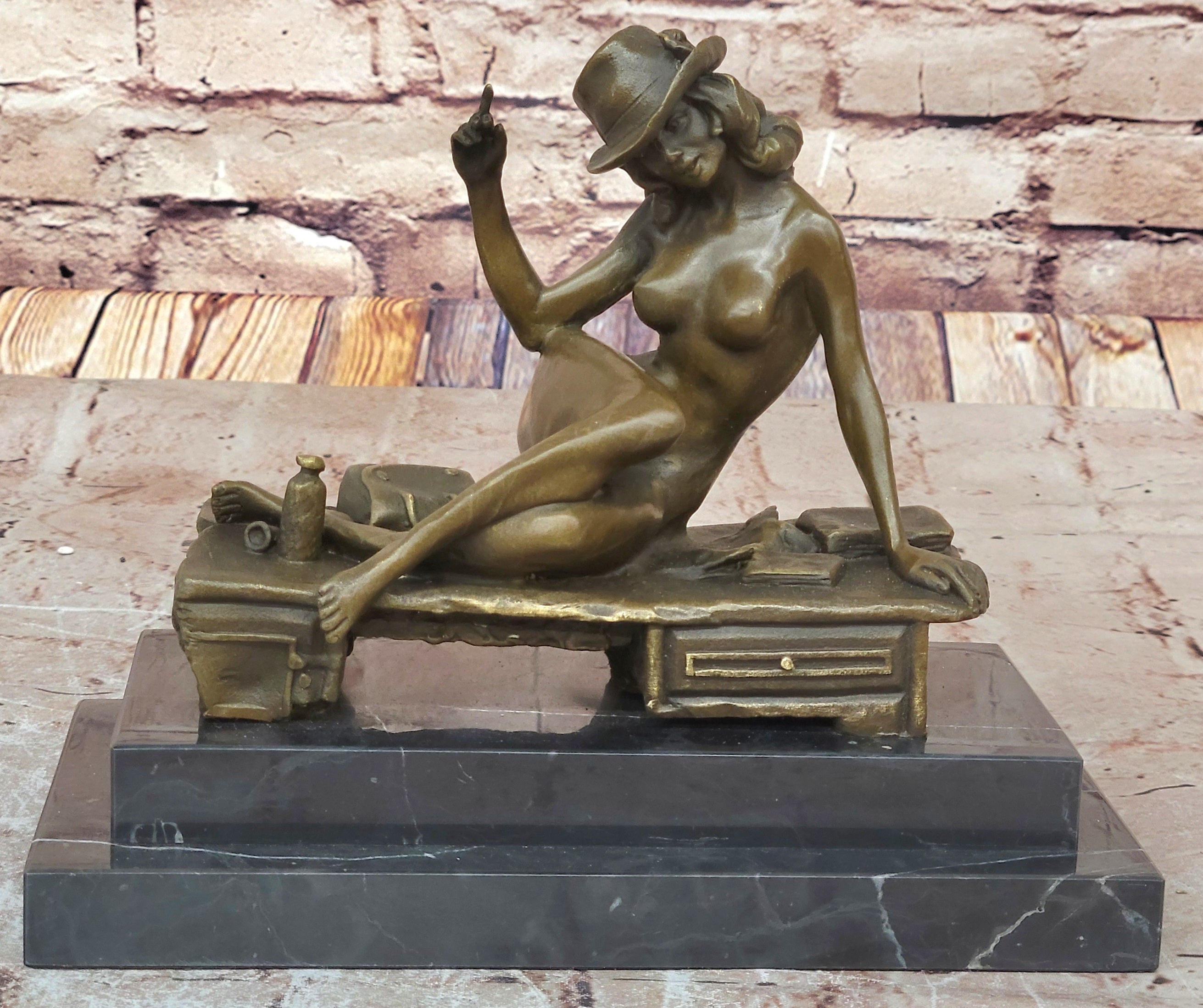 Sexy Nude Girl in Hat Sitting on Desk Art Deco Erotic Bronze Sculpture Statue Marble Base 8" x 9"