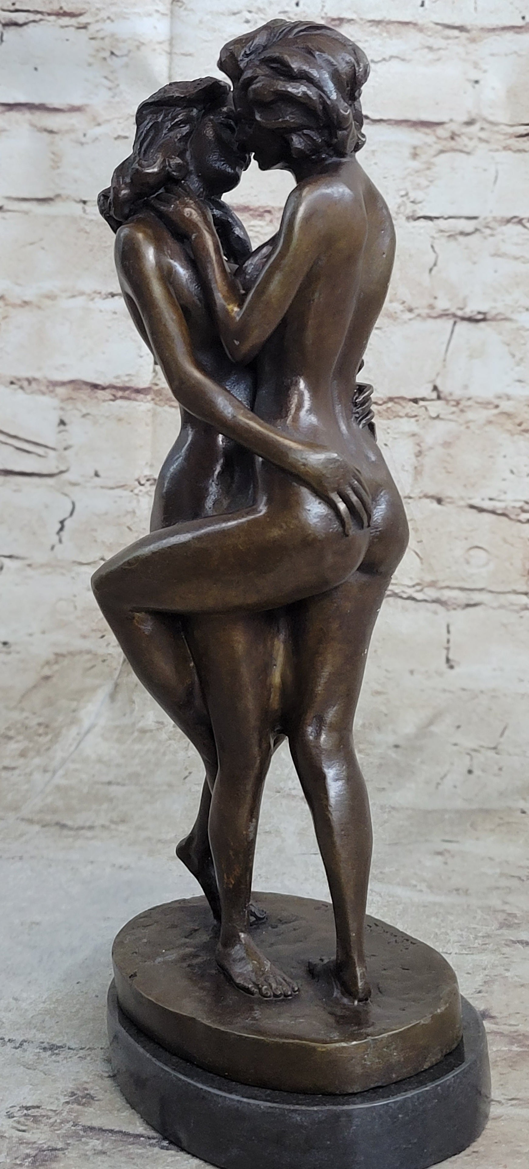 Two Nude Women Embrace Kissing Bronze Statue Sculpture Erotic Art by Pasquale Delor 11" x 5"