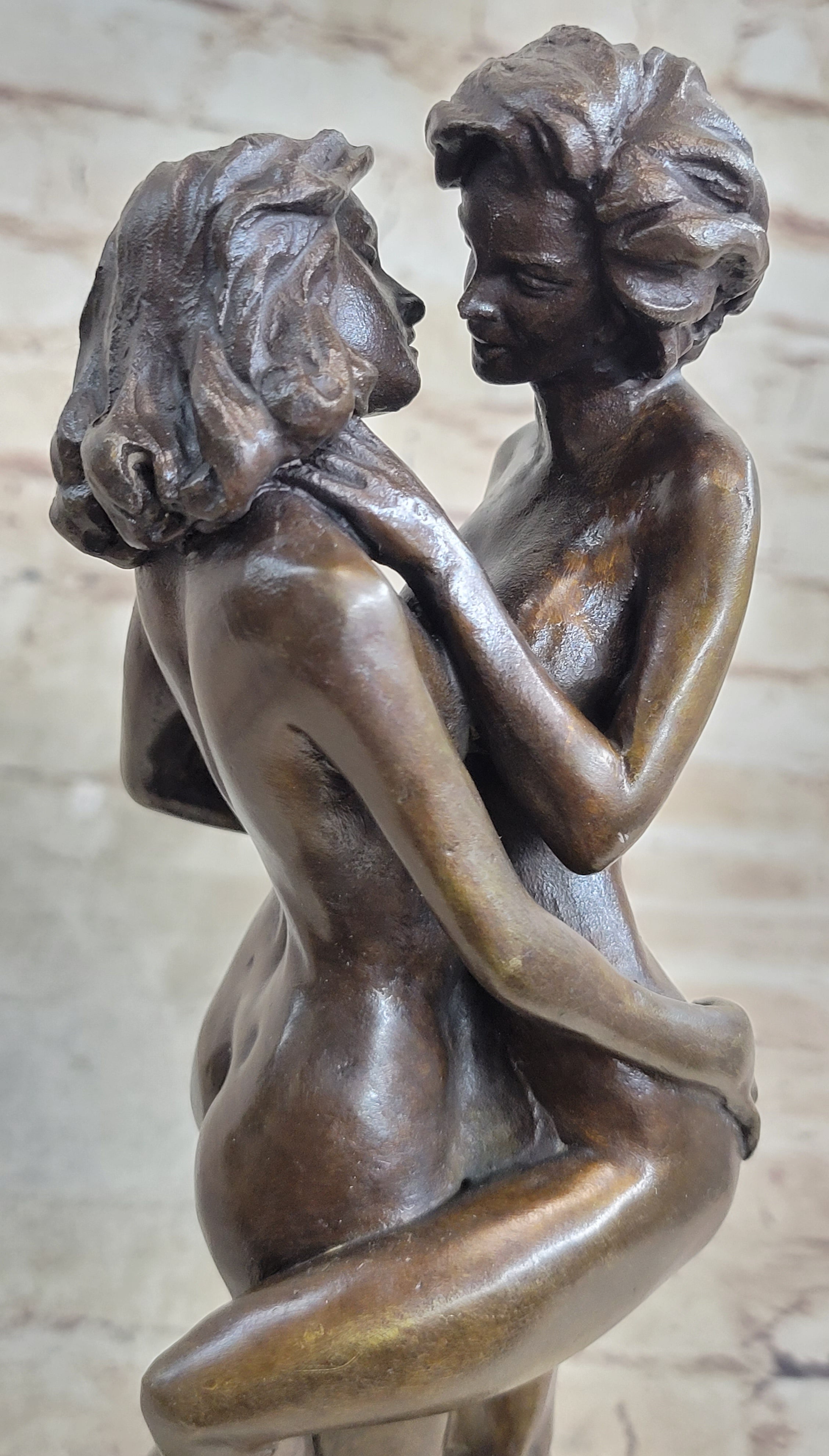 Two Nude Women Embrace Kissing Bronze Statue Sculpture Erotic Art by Pasquale Delor 11" x 5"
