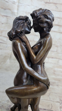 Two Nude Women Embrace Kissing Bronze Statue Sculpture Erotic Art by Pasquale Delor 11" x 5"
