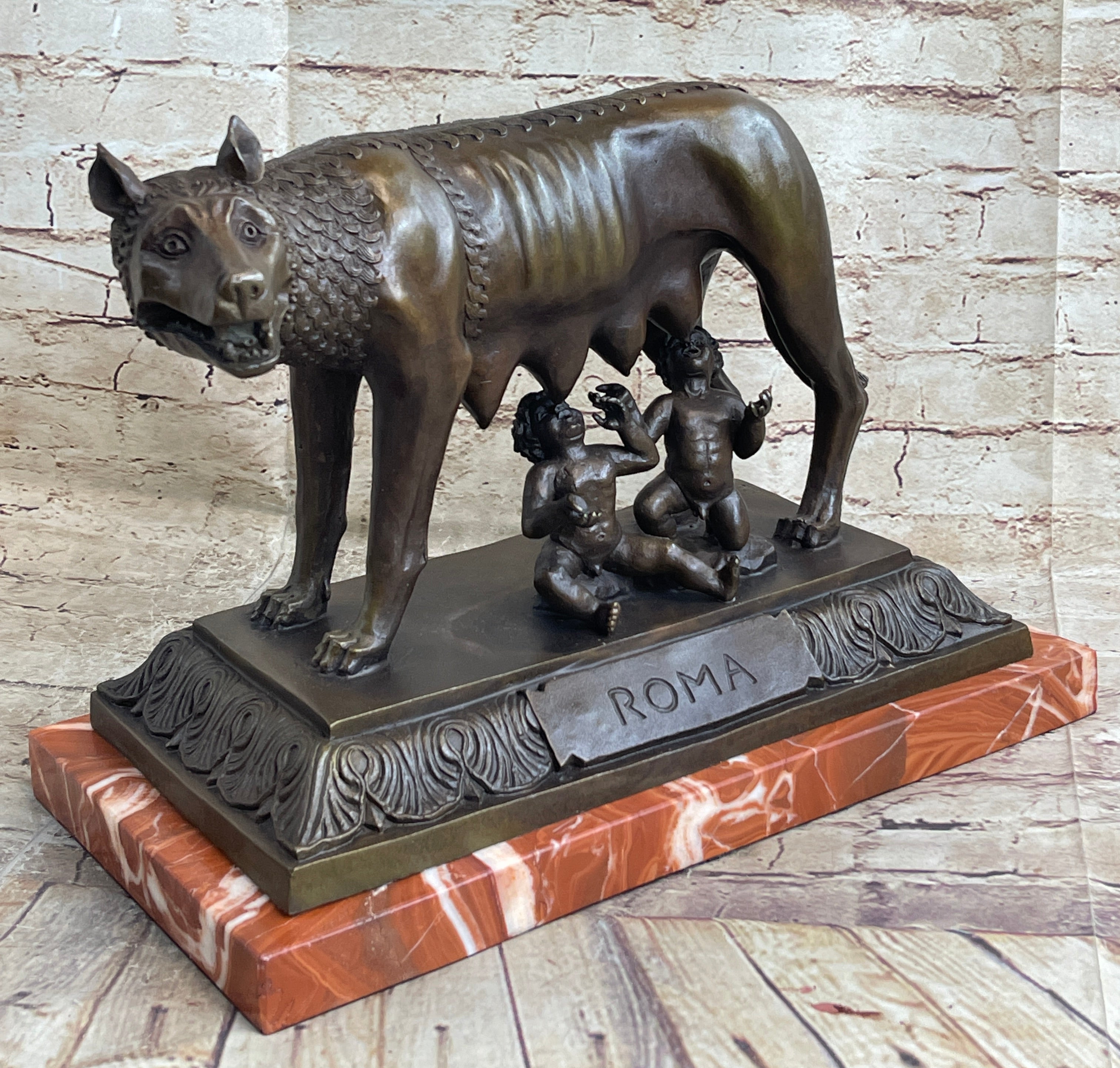 The Capitoline Wolf Romulus & Remus Bronze Metal Statue Sculpture on Rose Marble Base 12" x 15"