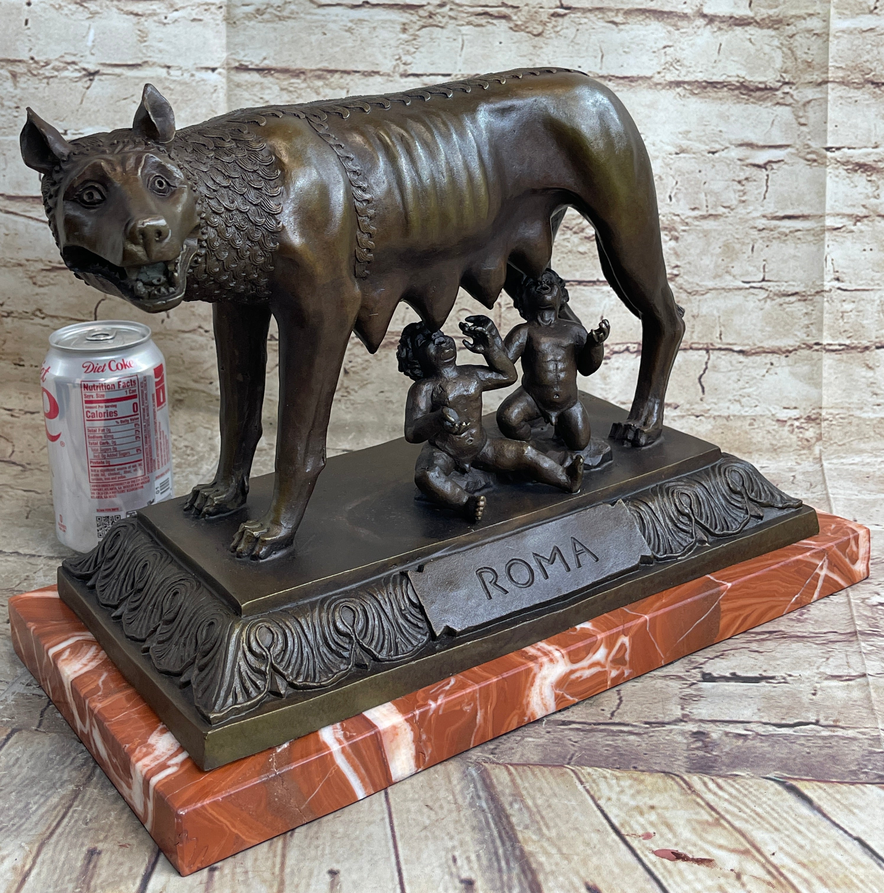 The Capitoline Wolf Romulus & Remus Bronze Metal Statue Sculpture on Rose Marble Base 12" x 15"