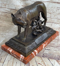 The Capitoline Wolf Romulus & Remus Bronze Metal Statue Sculpture on Rose Marble Base 12" x 15"