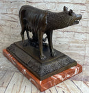 The Capitoline Wolf Romulus & Remus Bronze Metal Statue Sculpture on Rose Marble Base 12" x 15"