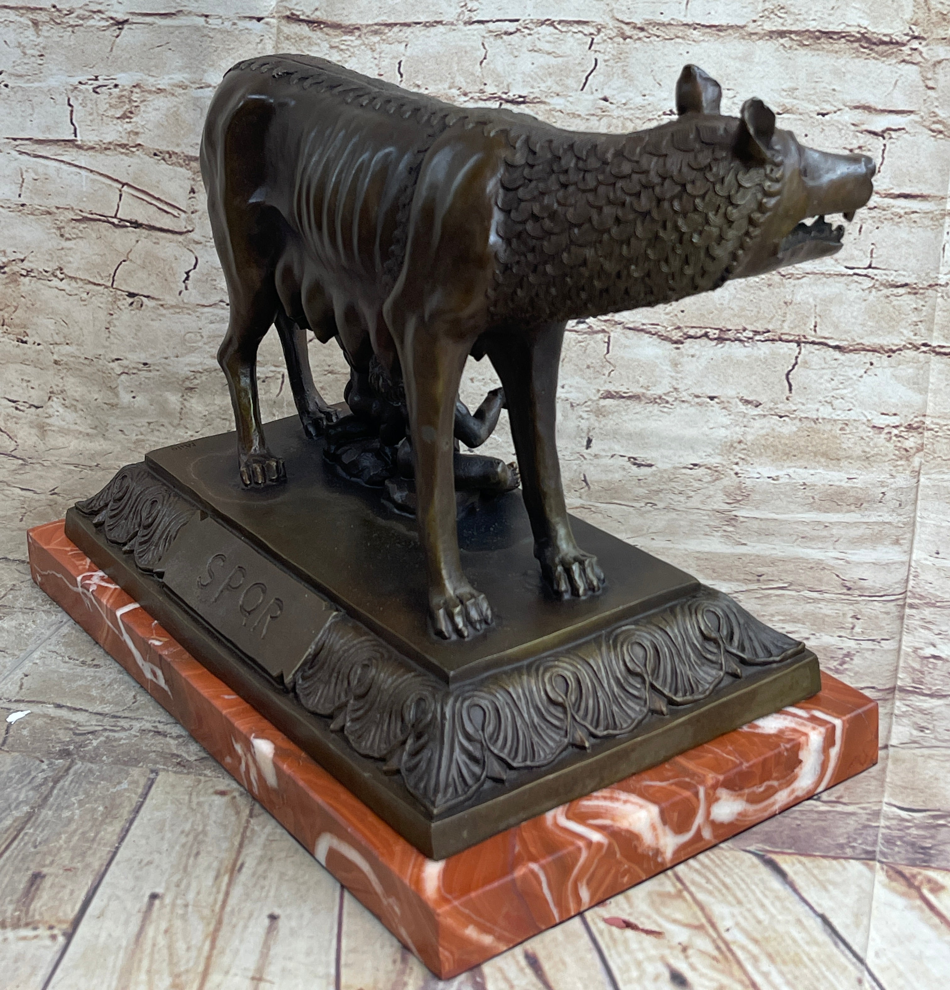 The Capitoline Wolf Romulus & Remus Bronze Metal Statue Sculpture on Rose Marble Base 12" x 15"