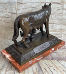 The Capitoline Wolf Romulus & Remus Bronze Metal Statue Sculpture on Rose Marble Base 12" x 15"