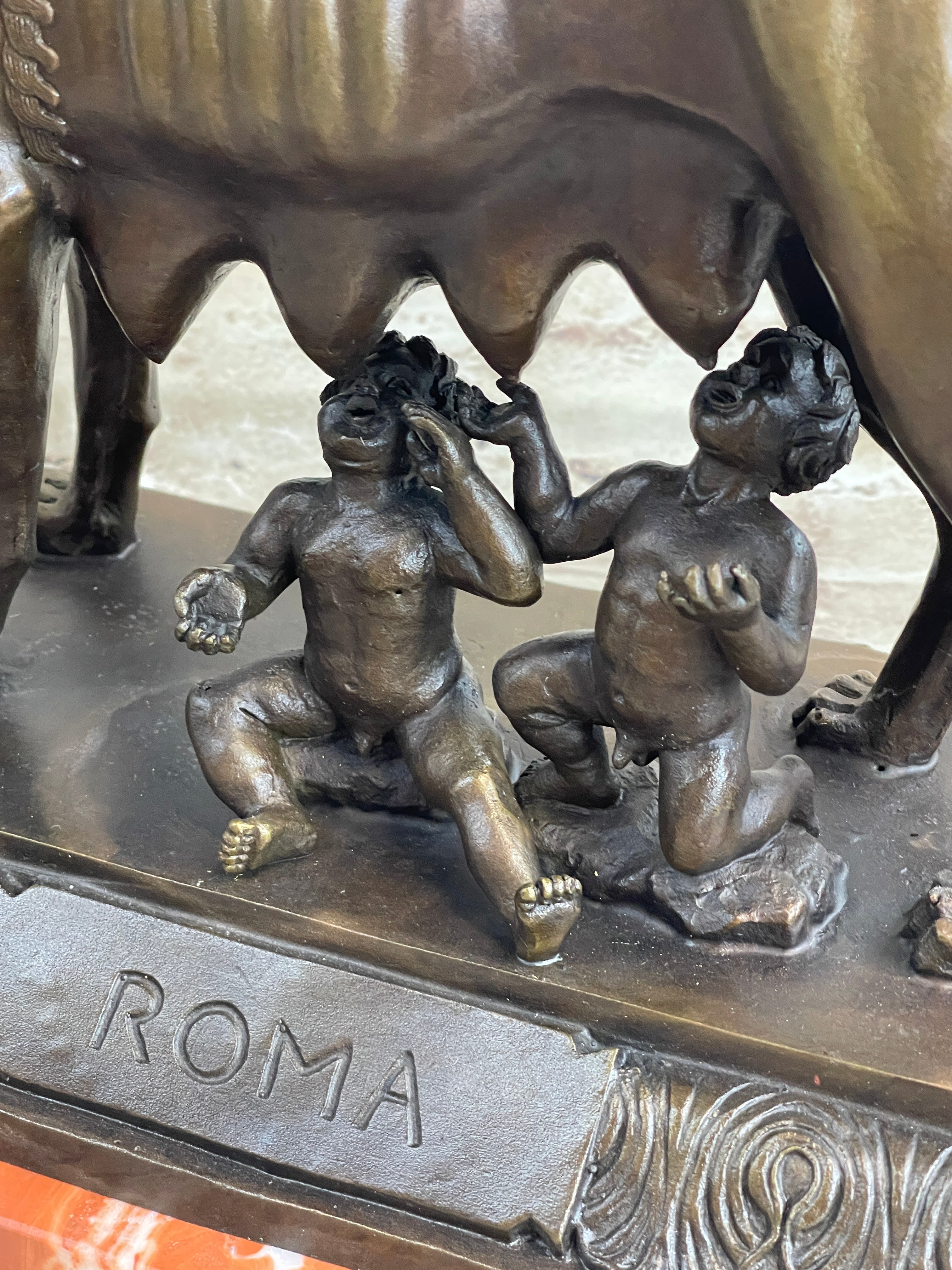 The Capitoline Wolf Romulus & Remus Bronze Metal Statue Sculpture on Rose Marble Base 12" x 15"