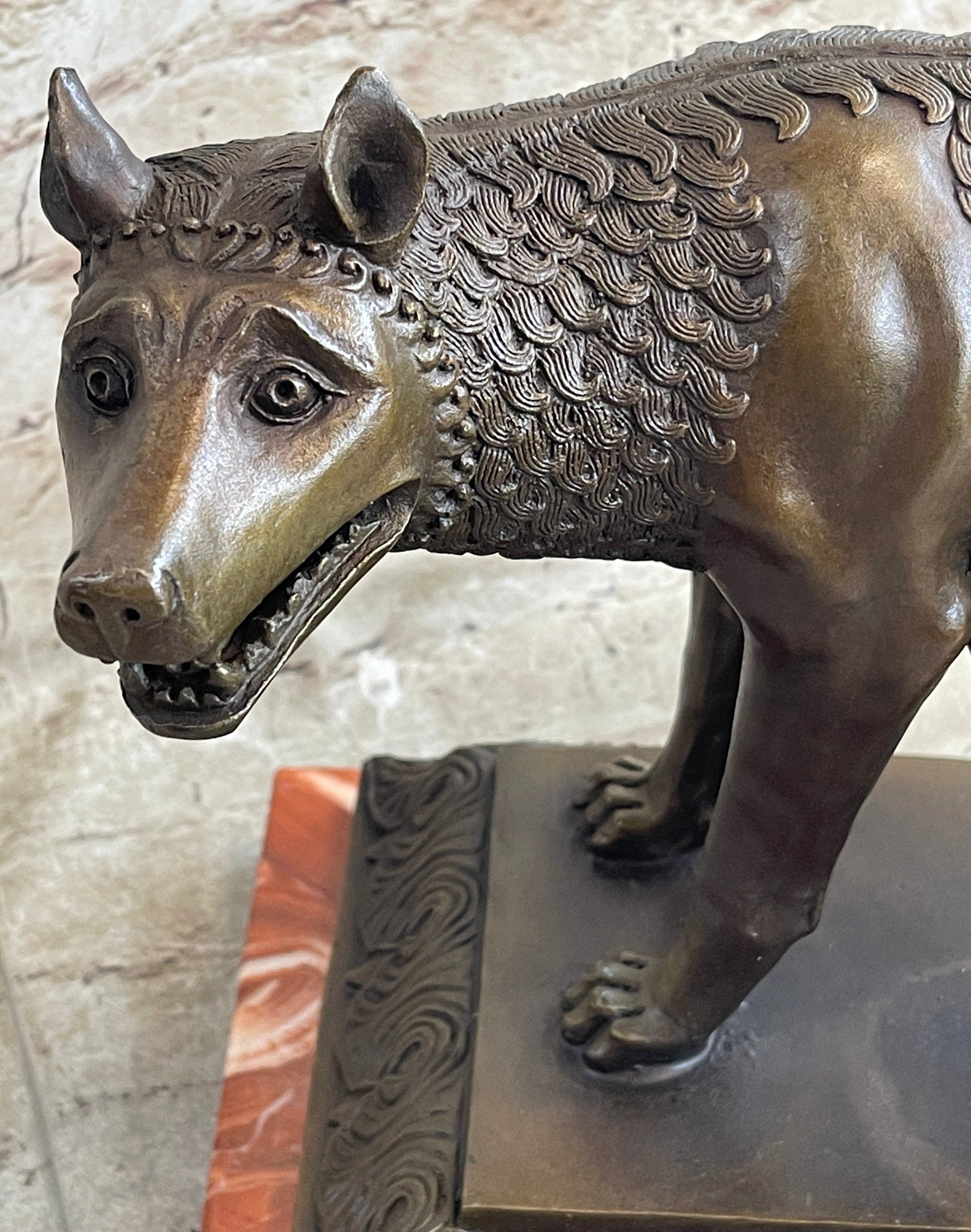 The Capitoline Wolf Romulus & Remus Bronze Metal Statue Sculpture on Rose Marble Base 12" x 15"