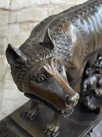 The Capitoline Wolf Romulus & Remus Bronze Metal Statue Sculpture on Rose Marble Base 12" x 15"