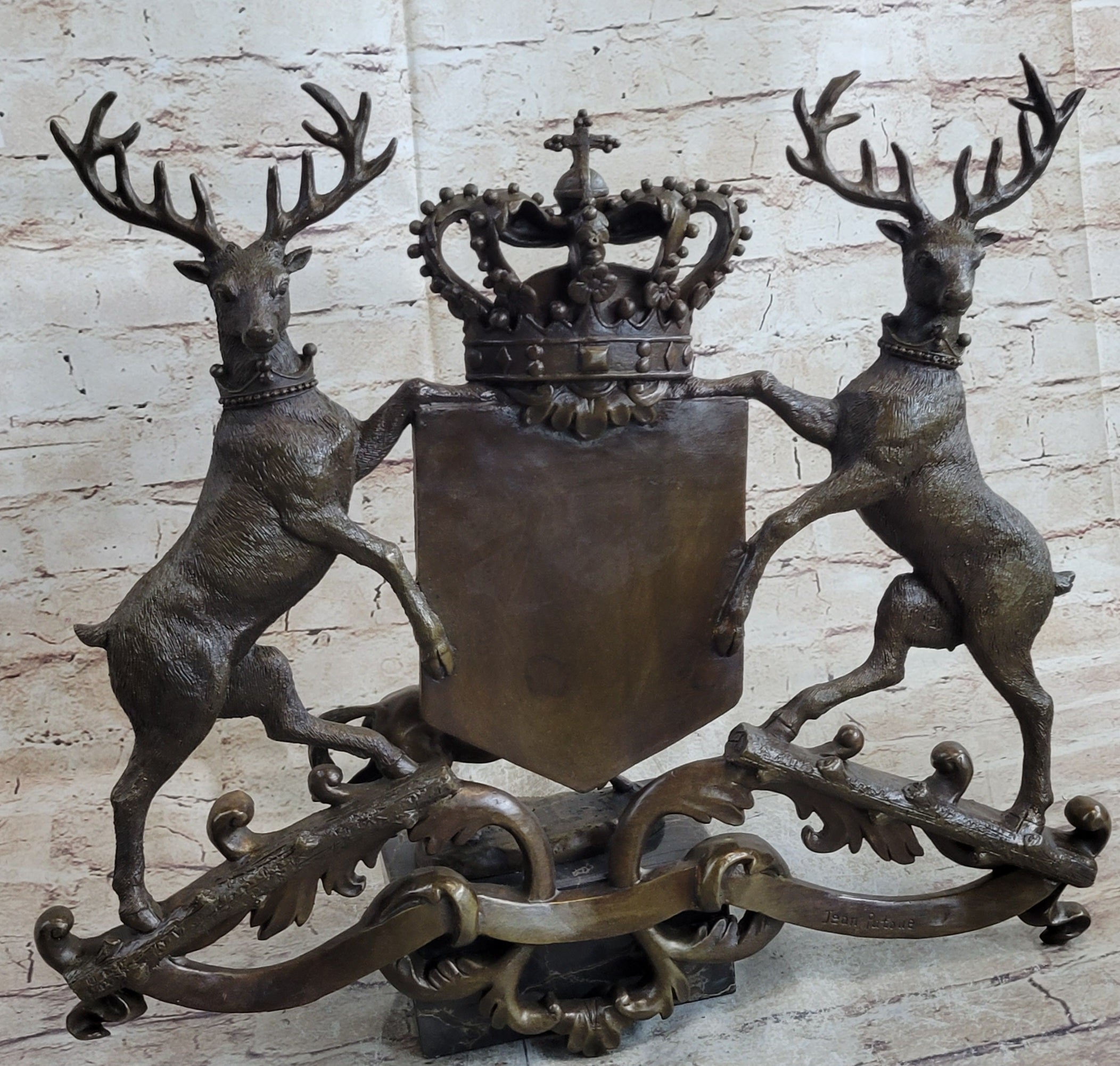 Two Stags Coat of Arms Bronze Wall Plaque Signed Art