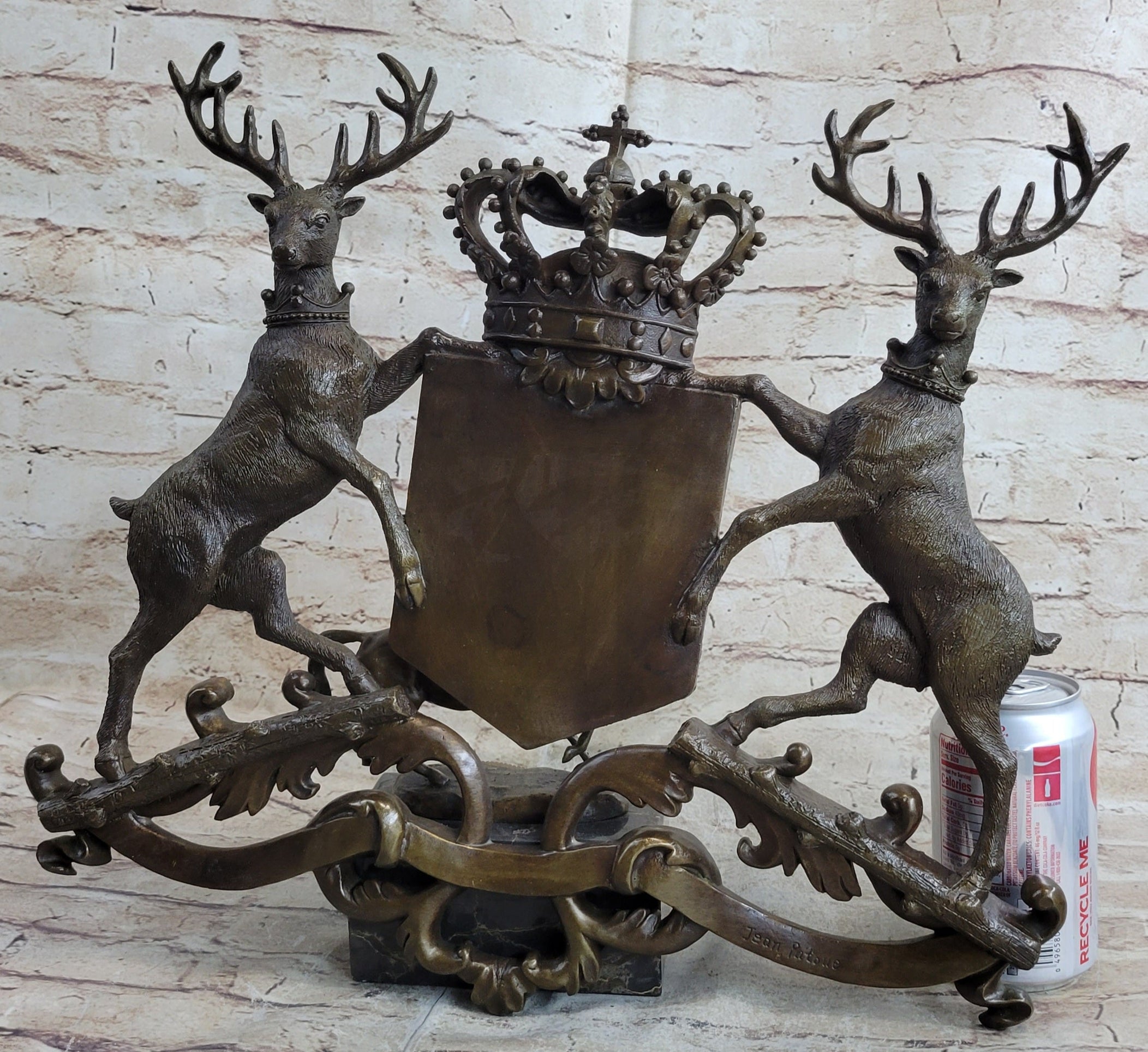 Two Stags Coat of Arms Bronze Wall Plaque Signed Art