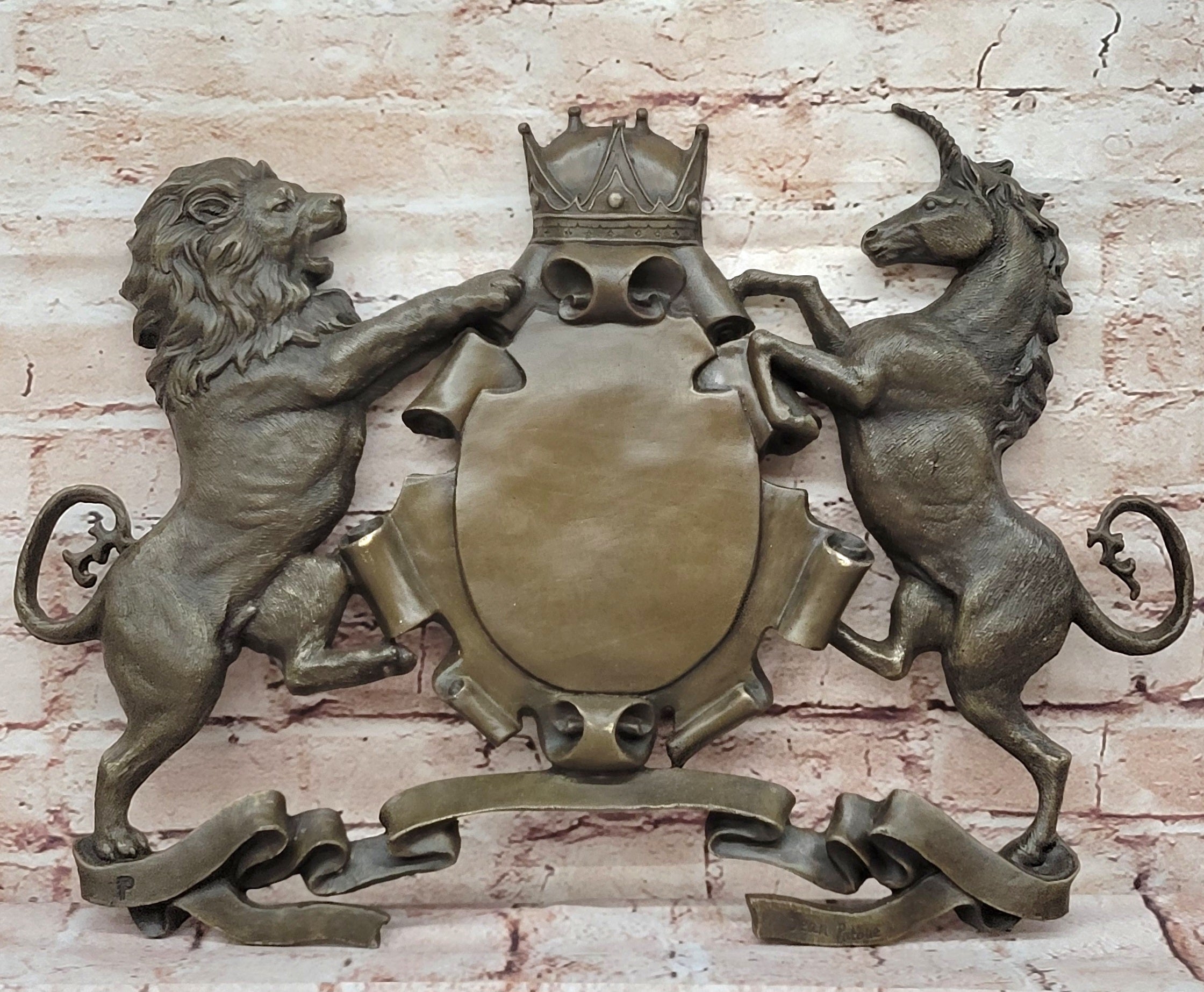 Bronze Lion Unicorn Heraldic Crest Coat of Arms Wall Sculpture