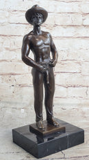 Erotic Gay Cowboy Exposed Bronze Sculpture Figure Marble Base 12" x 4"