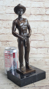 Erotic Gay Cowboy Exposed Bronze Sculpture Figure Marble Base 12" x 4"