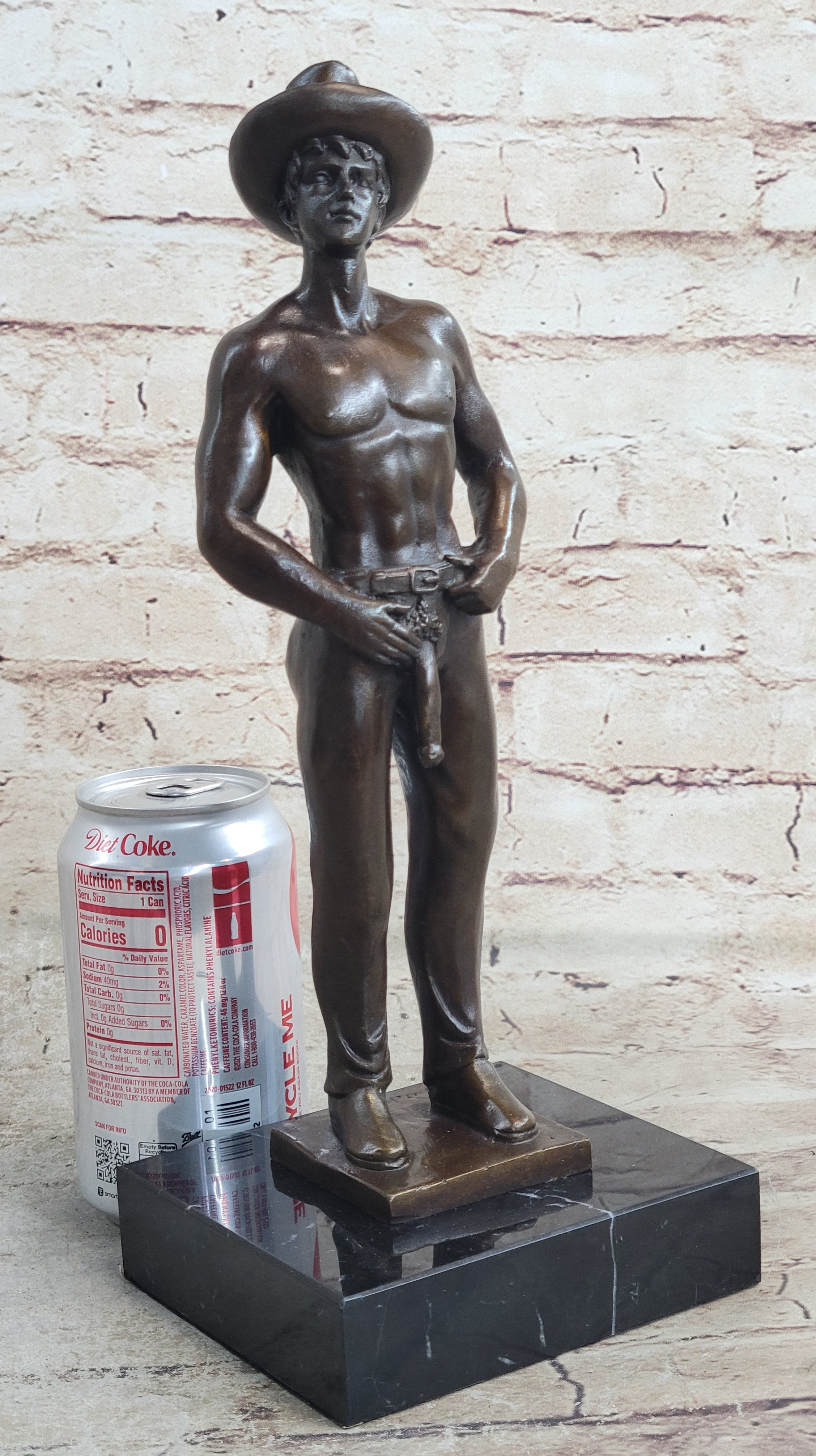 Erotic Gay Cowboy Exposed Bronze Sculpture Figure Marble Base 12" x 4"